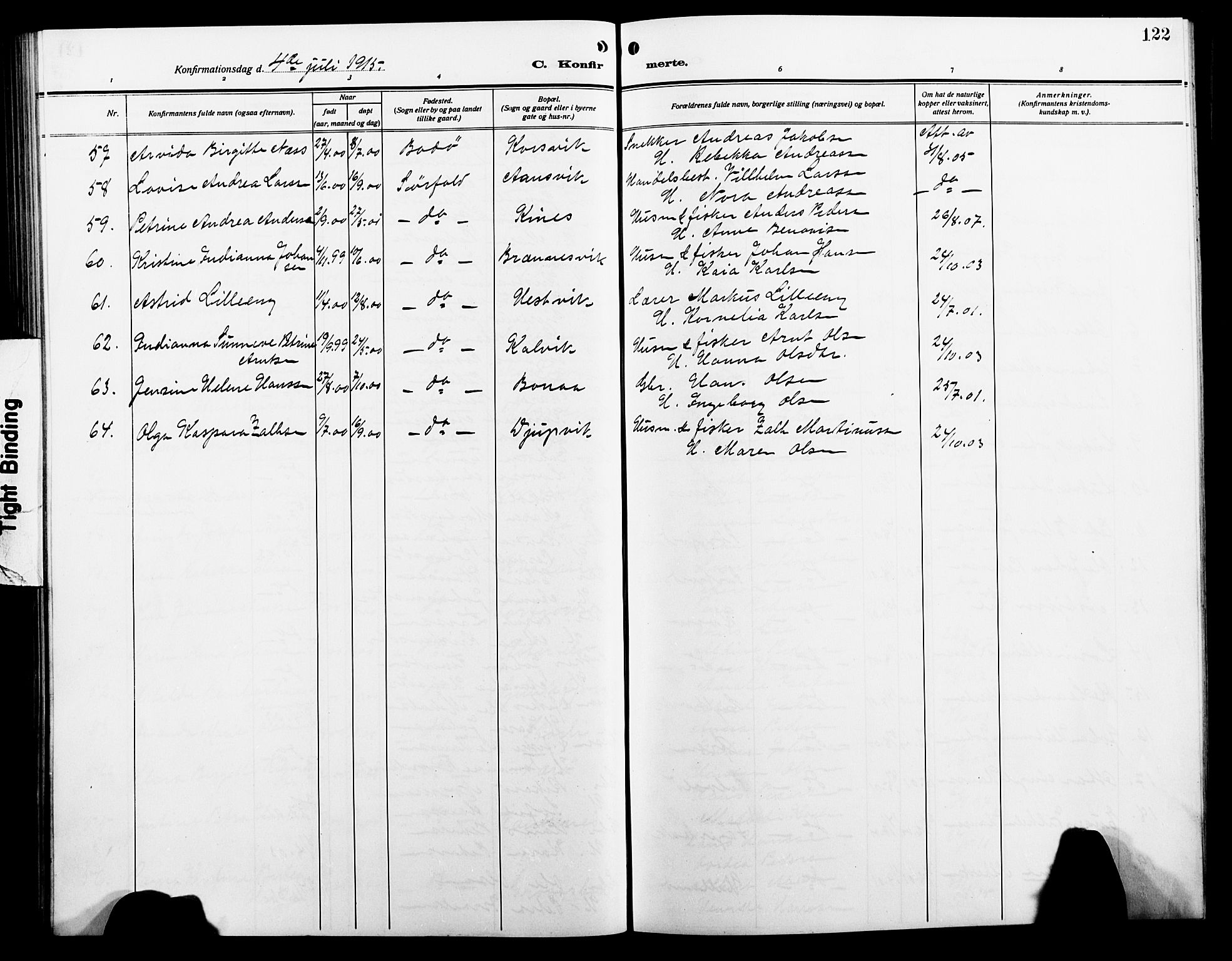 Ministerialprotokoller, klokkerbøker og fødselsregistre - Nordland, AV/SAT-A-1459/854/L0787: Parish register (copy) no. 854C03, 1913-1926, p. 122