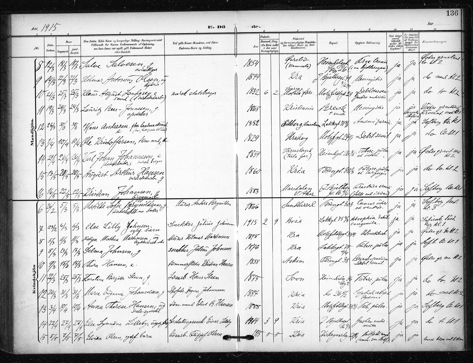 Tøyen prestekontor Kirkebøker, AV/SAO-A-10167a/F/Fa/L0002: Parish register (official) no. I 2, 1907-1916, p. 136