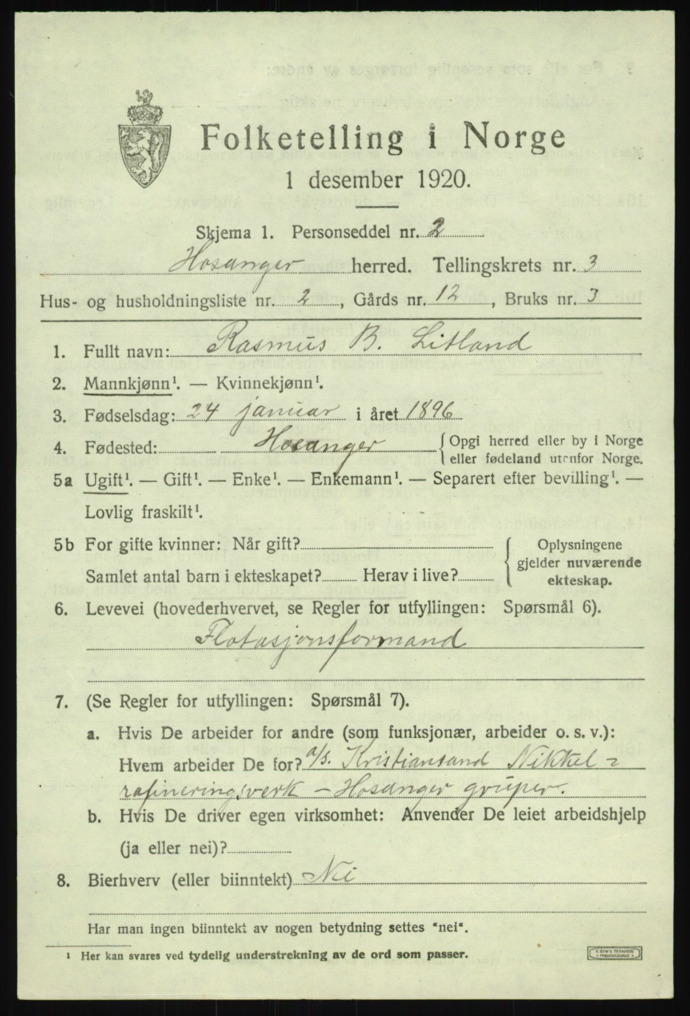 SAB, 1920 census for Hosanger, 1920, p. 1479