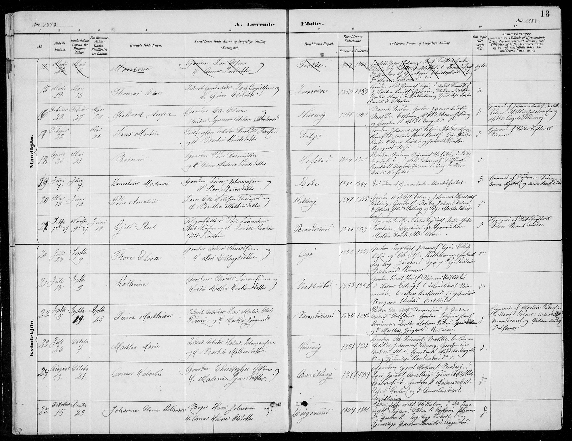 Fitjar sokneprestembete, SAB/A-99926: Parish register (copy) no. A 2, 1887-1906, p. 13