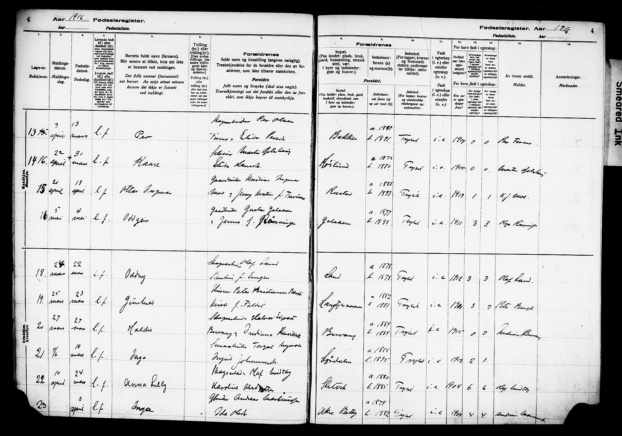 Trysil prestekontor, AV/SAH-PREST-046/I/Id/Ida/L0001: Birth register no. I 1, 1916-1927, p. 4