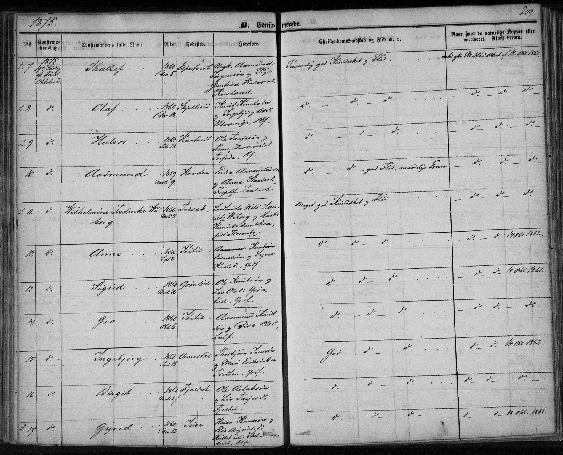Lårdal kirkebøker, SAKO/A-284/F/Fa/L0006: Parish register (official) no. I 6, 1861-1886, p. 209