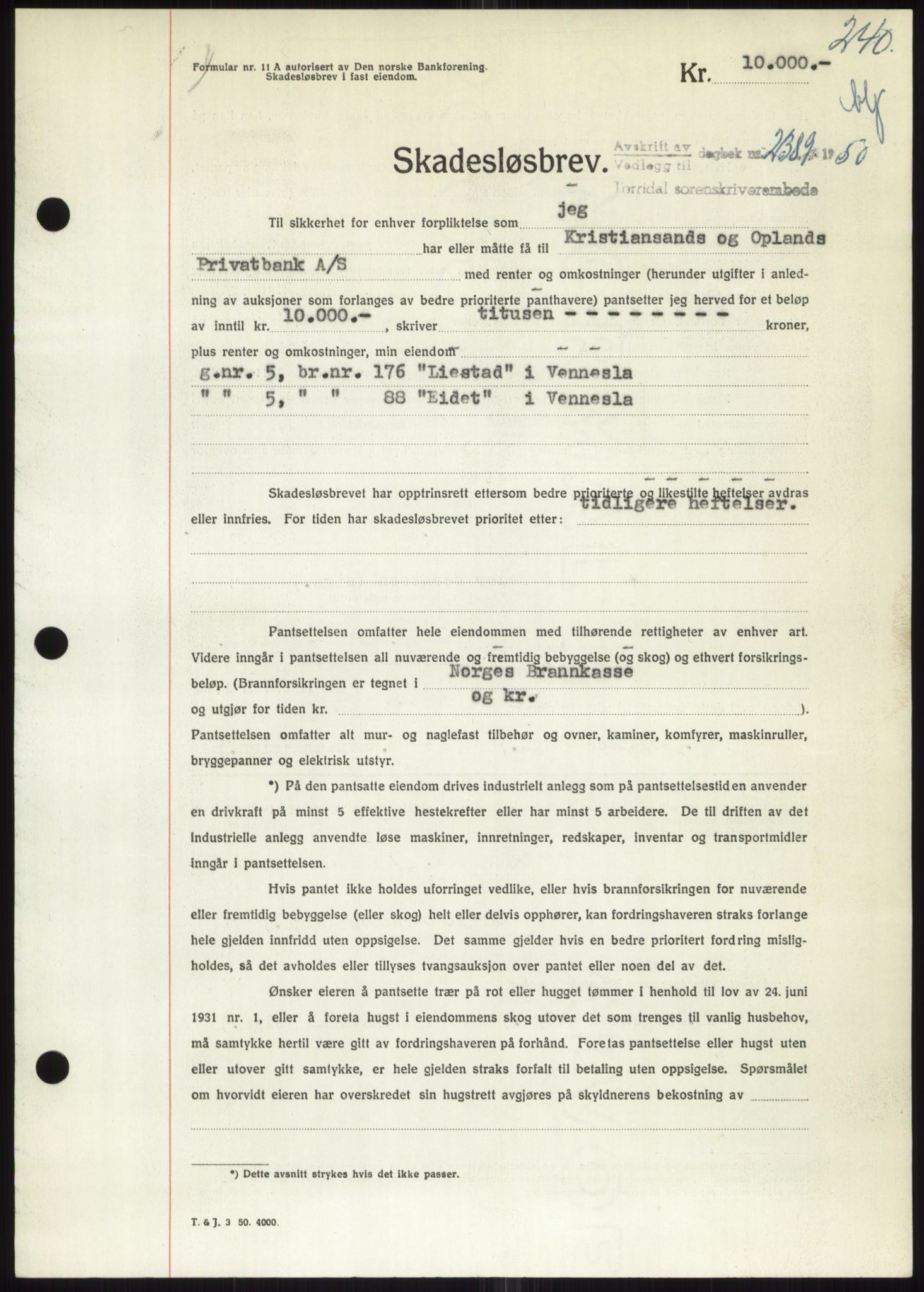 Torridal sorenskriveri, AV/SAK-1221-0012/G/Gb/Gbb/L0020: Mortgage book no. 63B, 1950-1950, Diary no: : 2389/1950