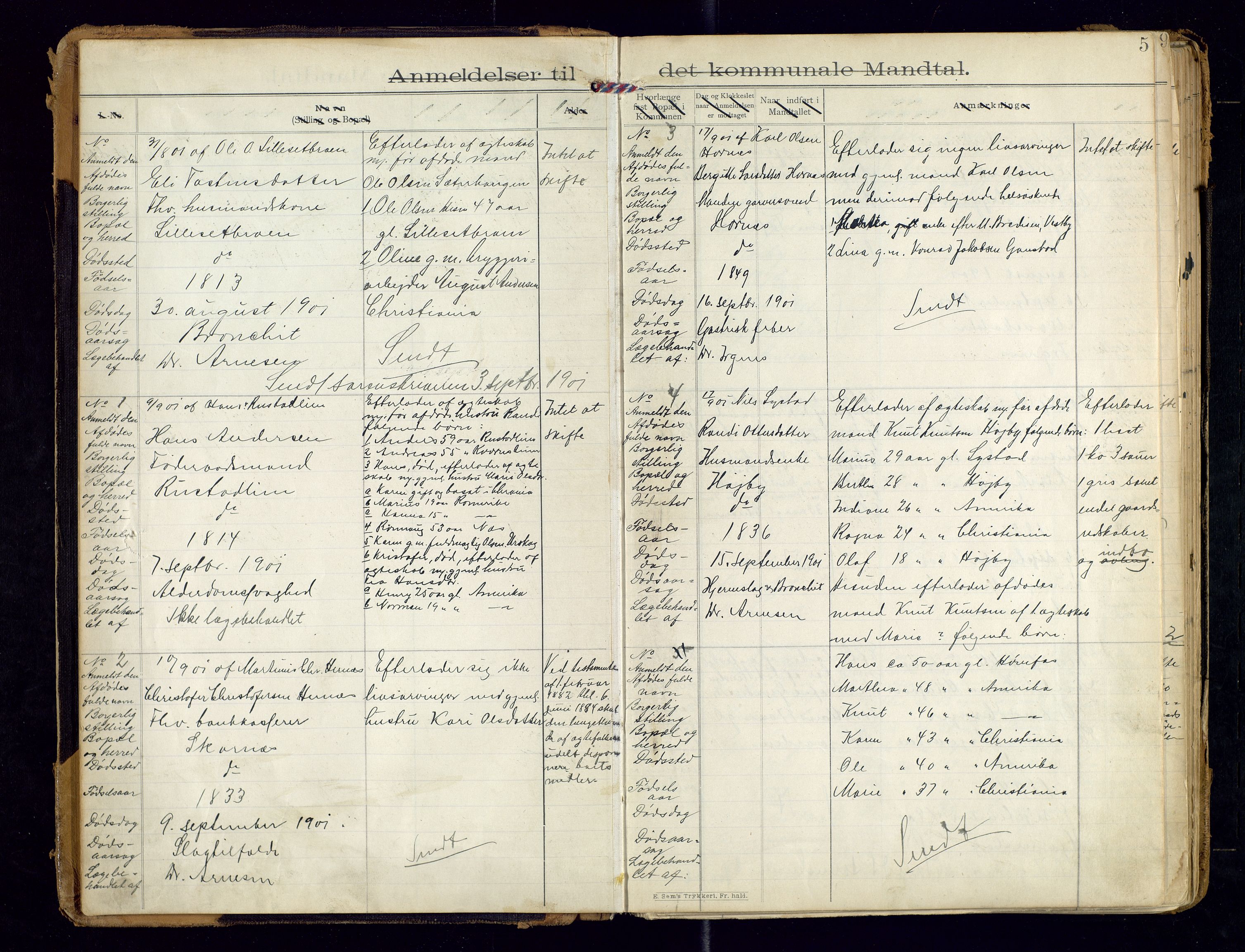 Sør-Odal lensmannskontor, SAH/LHS-022/H/Hb/L0001/0002: Protokoller over anmeldte dødsfall / Protokoll over anmeldte dødsfall, 1901-1913, p. 5