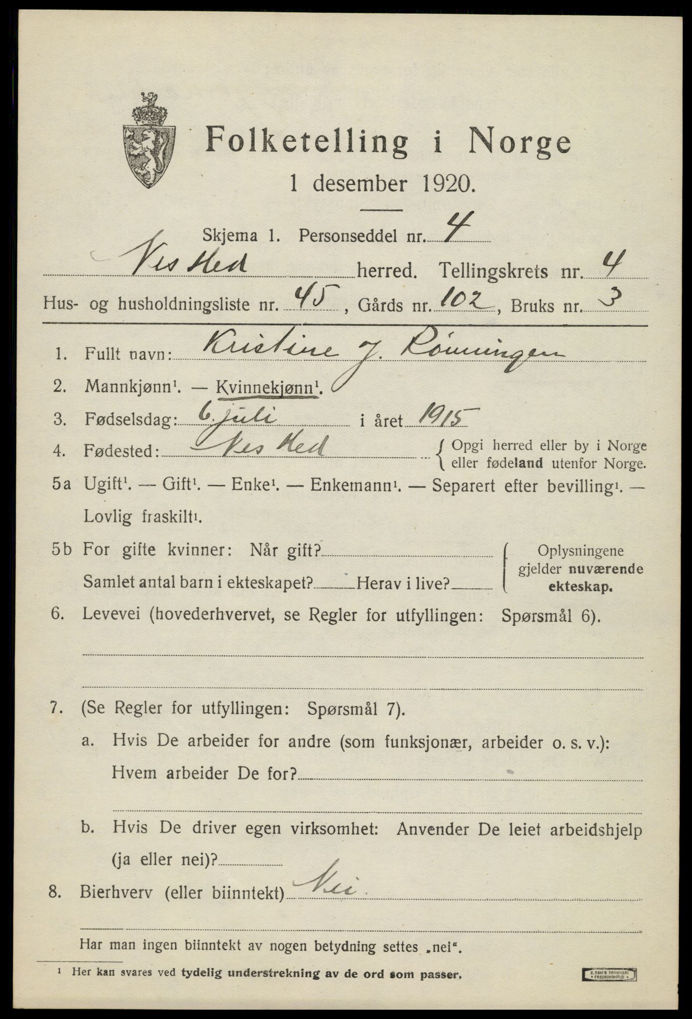 SAH, 1920 census for Nes (Hedmark), 1920, p. 6108