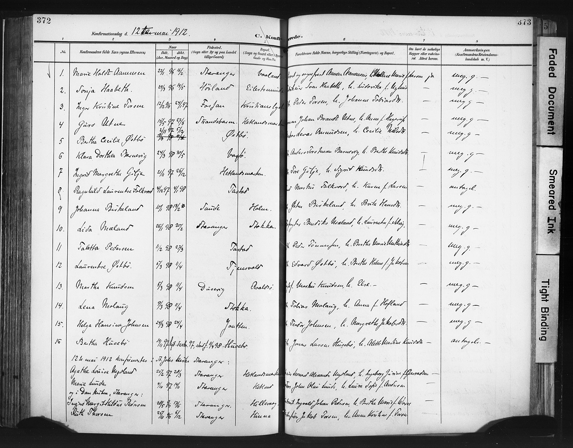 Hetland sokneprestkontor, SAST/A-101826/30/30BA/L0013: Parish register (official) no. A 13, 1904-1918, p. 372-373