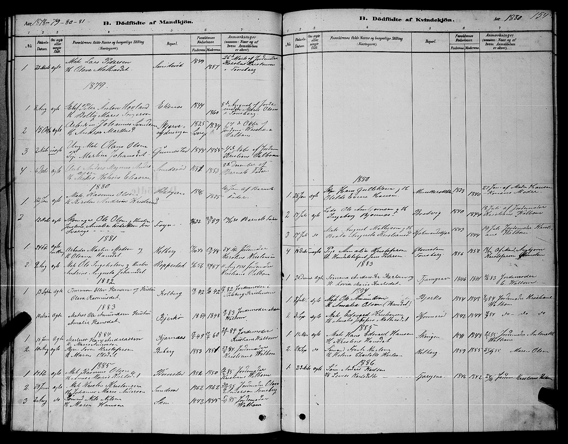 Nøtterøy kirkebøker, AV/SAKO-A-354/G/Ga/L0003: Parish register (copy) no. I 3, 1878-1893, p. 154