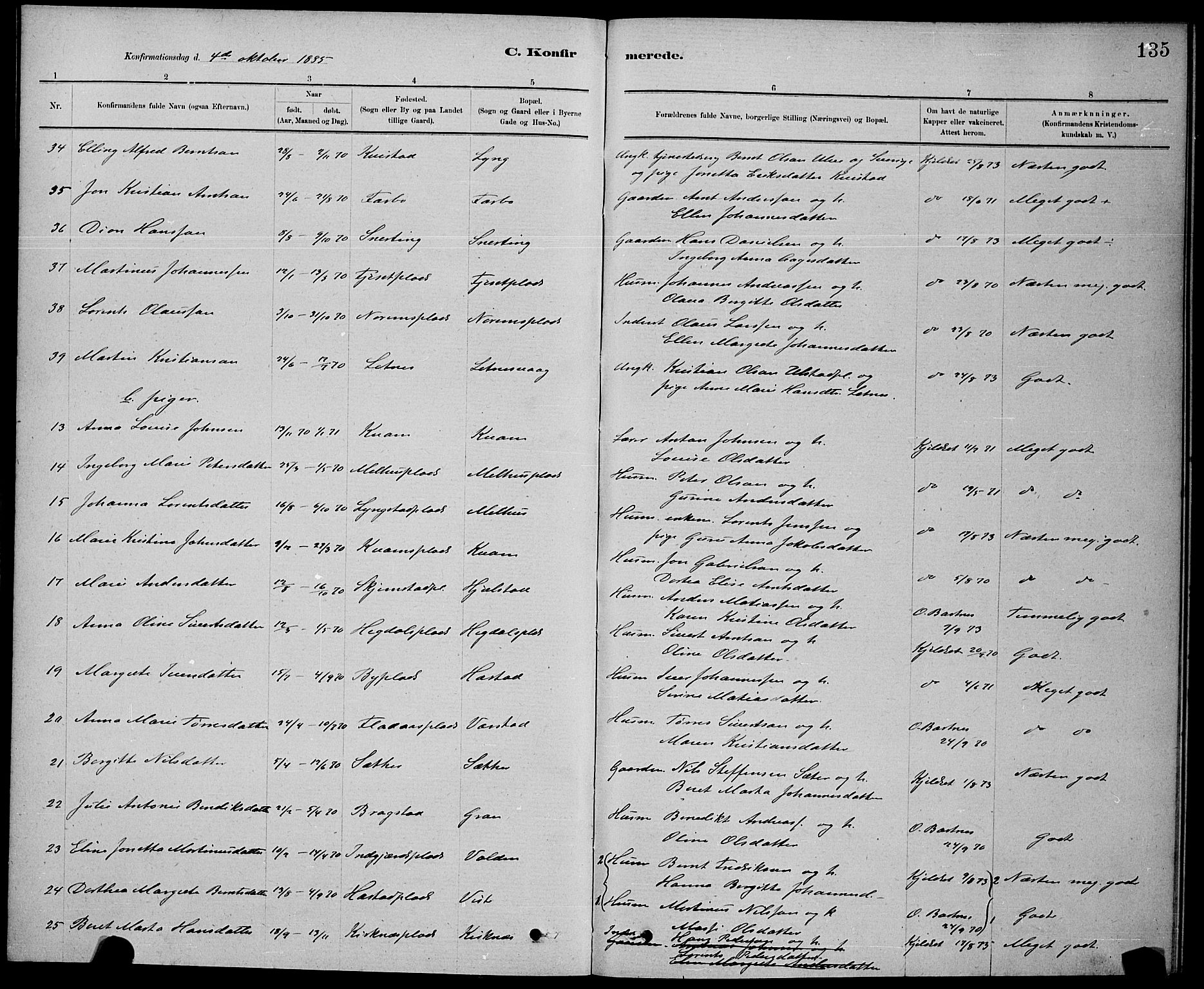 Ministerialprotokoller, klokkerbøker og fødselsregistre - Nord-Trøndelag, SAT/A-1458/730/L0301: Parish register (copy) no. 730C04, 1880-1897, p. 135