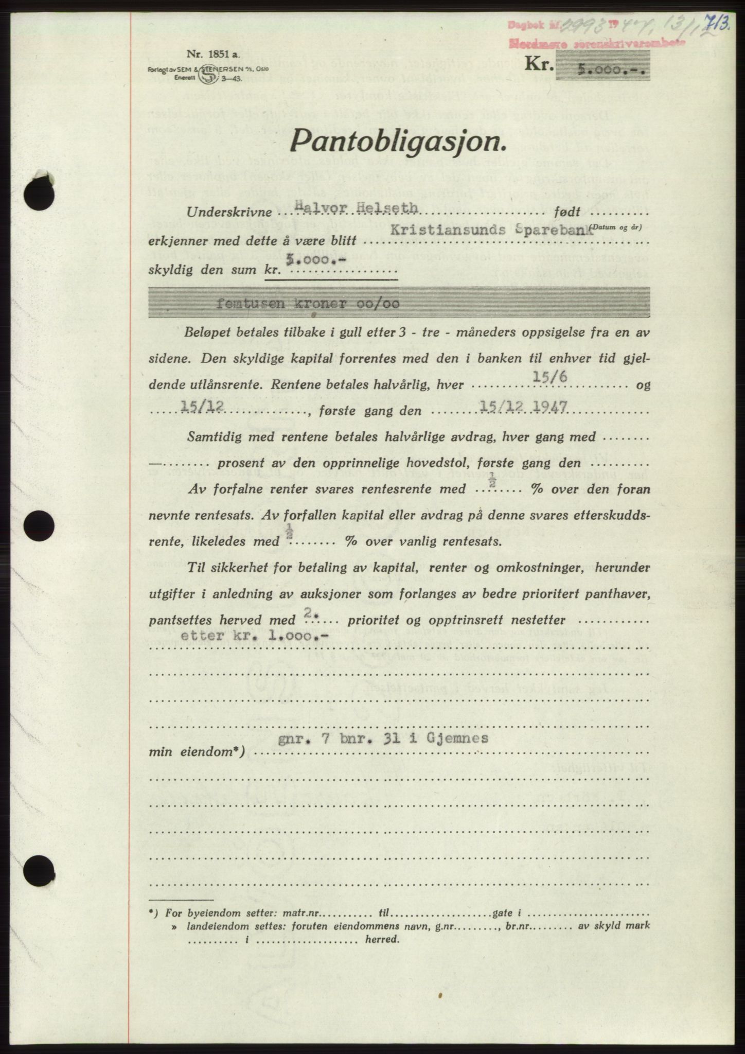 Nordmøre sorenskriveri, AV/SAT-A-4132/1/2/2Ca: Mortgage book no. B97, 1947-1948, Diary no: : 2993/1947