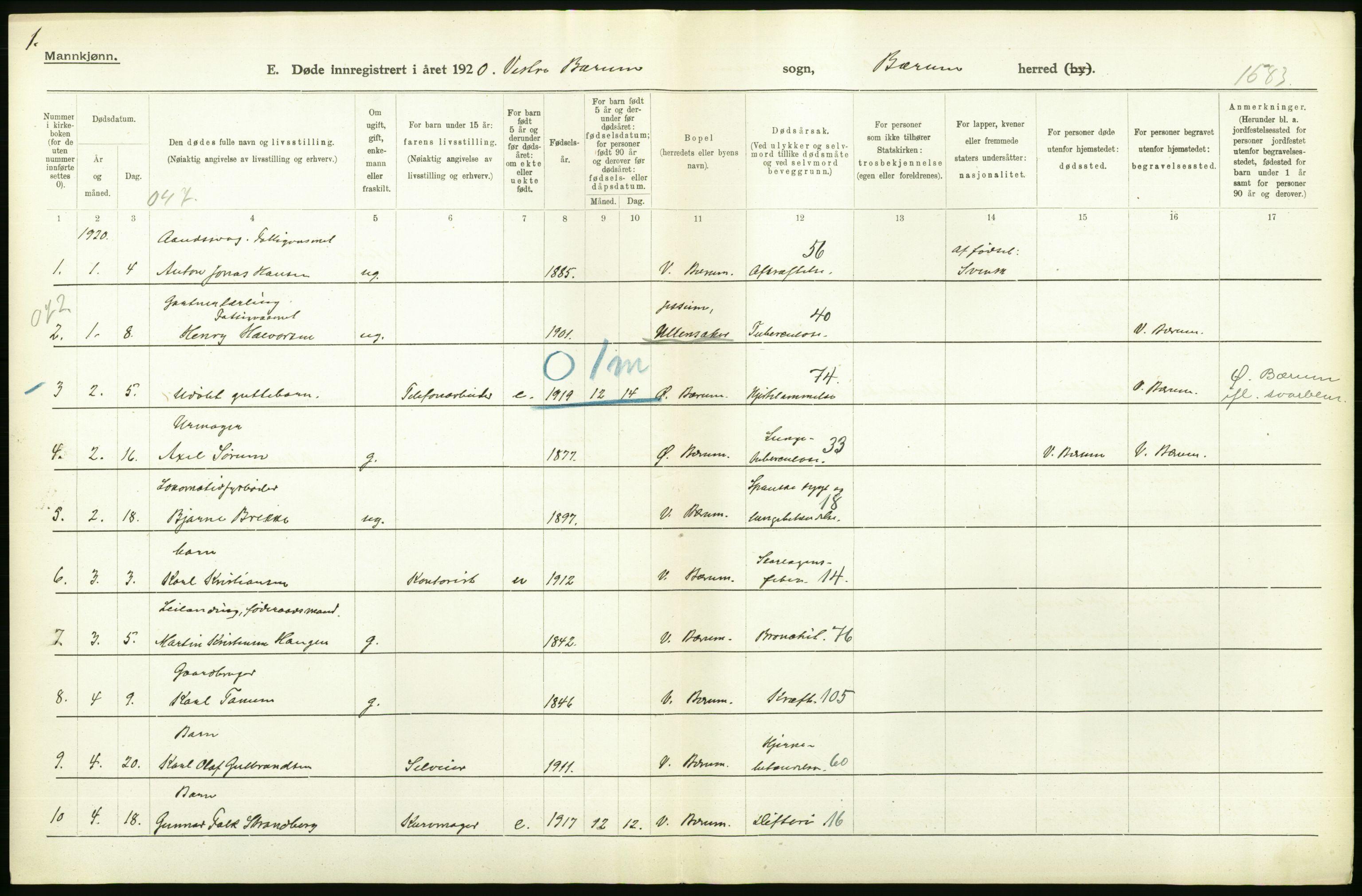 Statistisk sentralbyrå, Sosiodemografiske emner, Befolkning, AV/RA-S-2228/D/Df/Dfb/Dfbj/L0007: Akershus fylke: Døde. Bygder og byer., 1920, p. 118