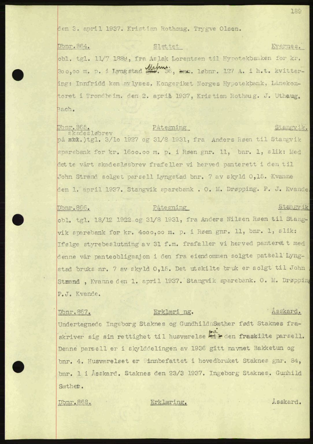 Nordmøre sorenskriveri, AV/SAT-A-4132/1/2/2Ca: Mortgage book no. C80, 1936-1939, Diary no: : 864/1937