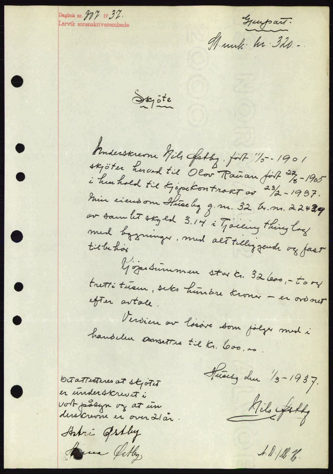 Larvik sorenskriveri, SAKO/A-83/G/Ga/Gab/L0067: Mortgage book no. A-1, 1936-1937, Diary no: : 307/1937
