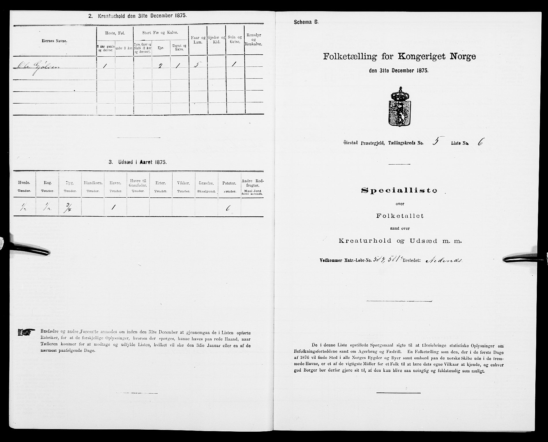 SAK, 1875 census for 0920P Øyestad, 1875, p. 614