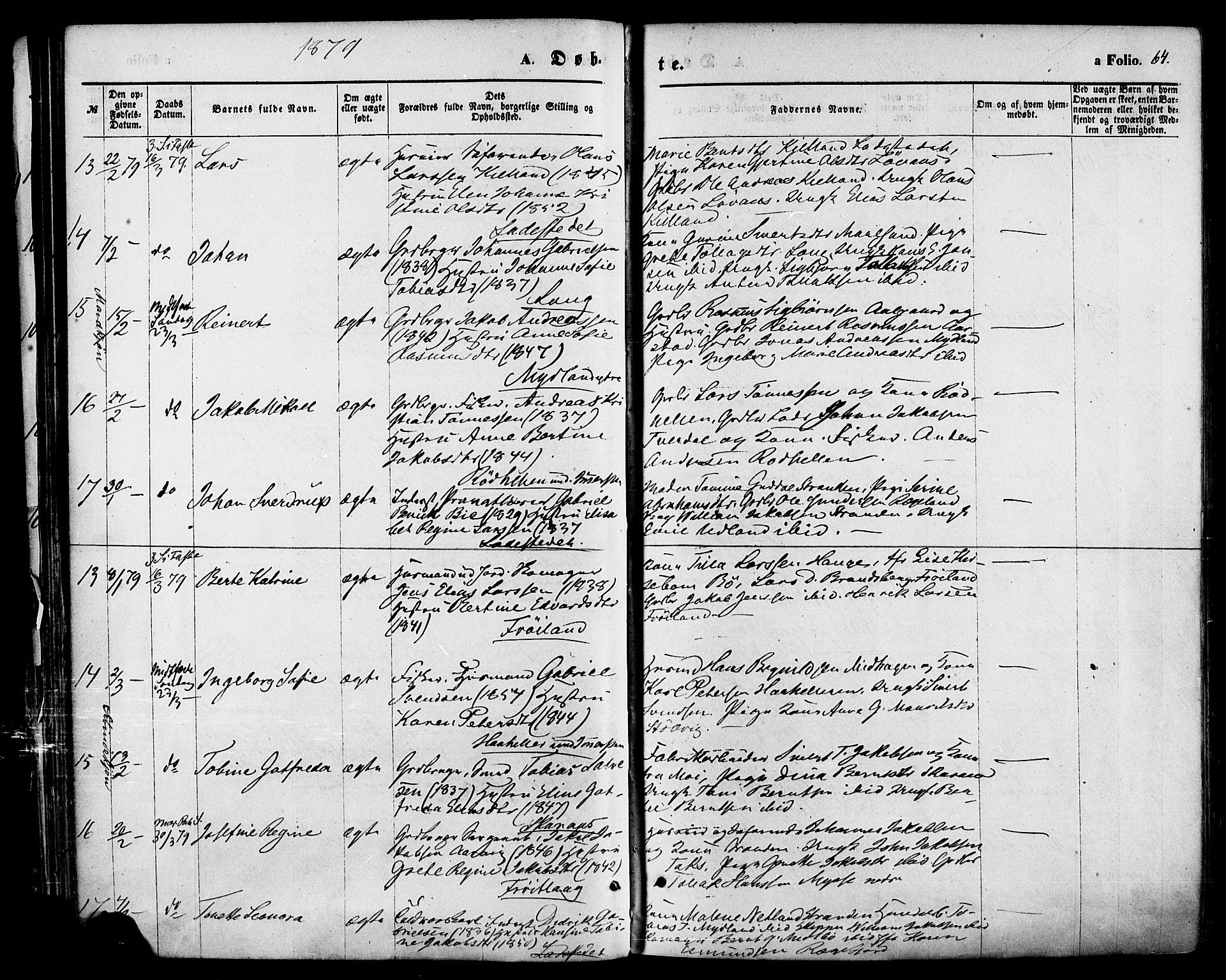 Sokndal sokneprestkontor, AV/SAST-A-101808: Parish register (official) no. A 10, 1874-1886, p. 64