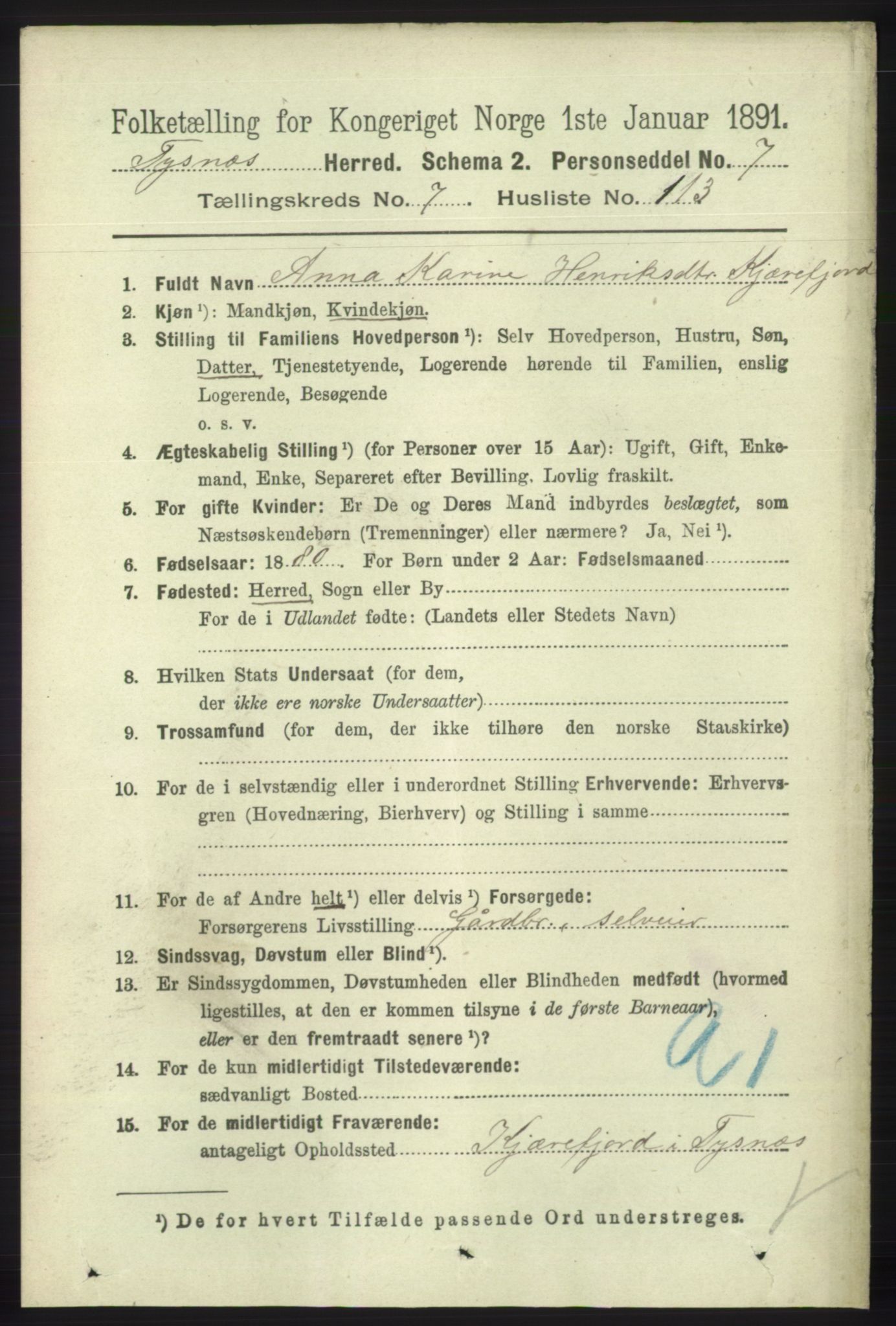 RA, 1891 census for 1223 Tysnes, 1891, p. 3568