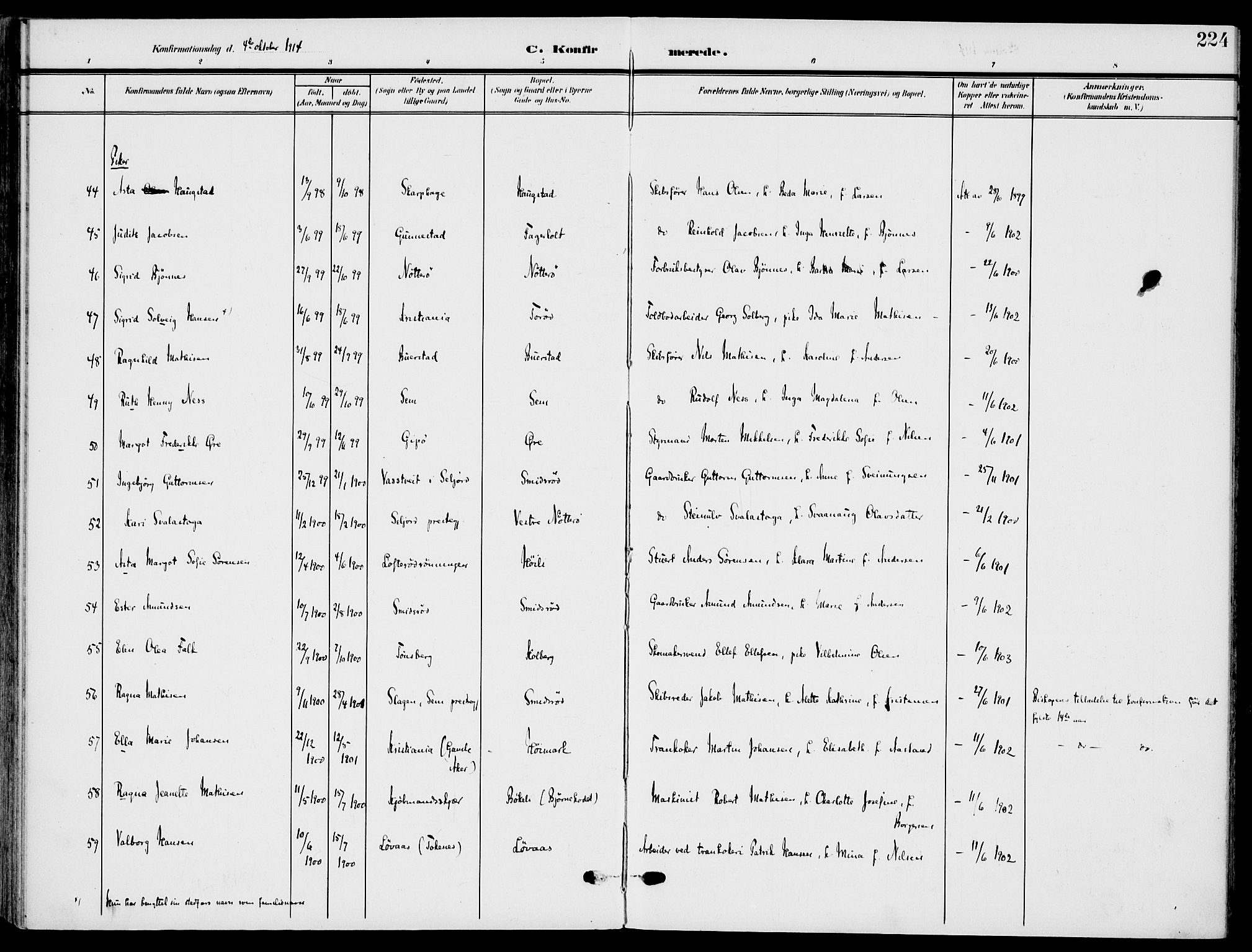 Nøtterøy kirkebøker, AV/SAKO-A-354/F/Fa/L0010: Parish register (official) no. I 10, 1908-1919, p. 224