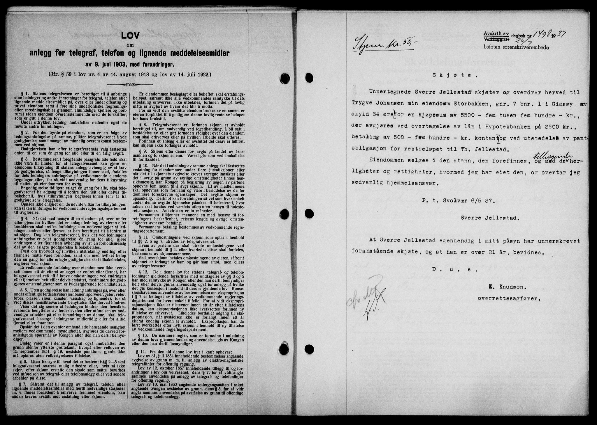 Lofoten sorenskriveri, SAT/A-0017/1/2/2C/L0002a: Mortgage book no. 2a, 1937-1937, Diary no: : 1498/1937