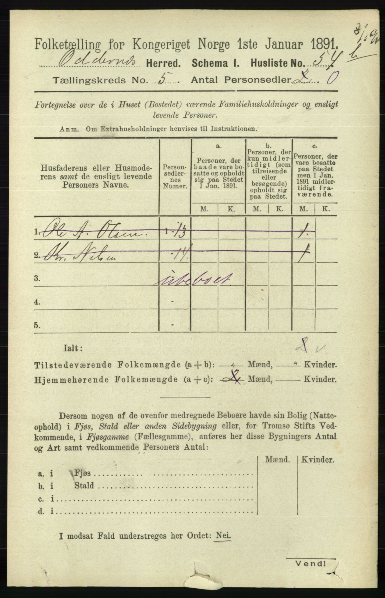 RA, 1891 census for 1012 Oddernes, 1891, p. 1765