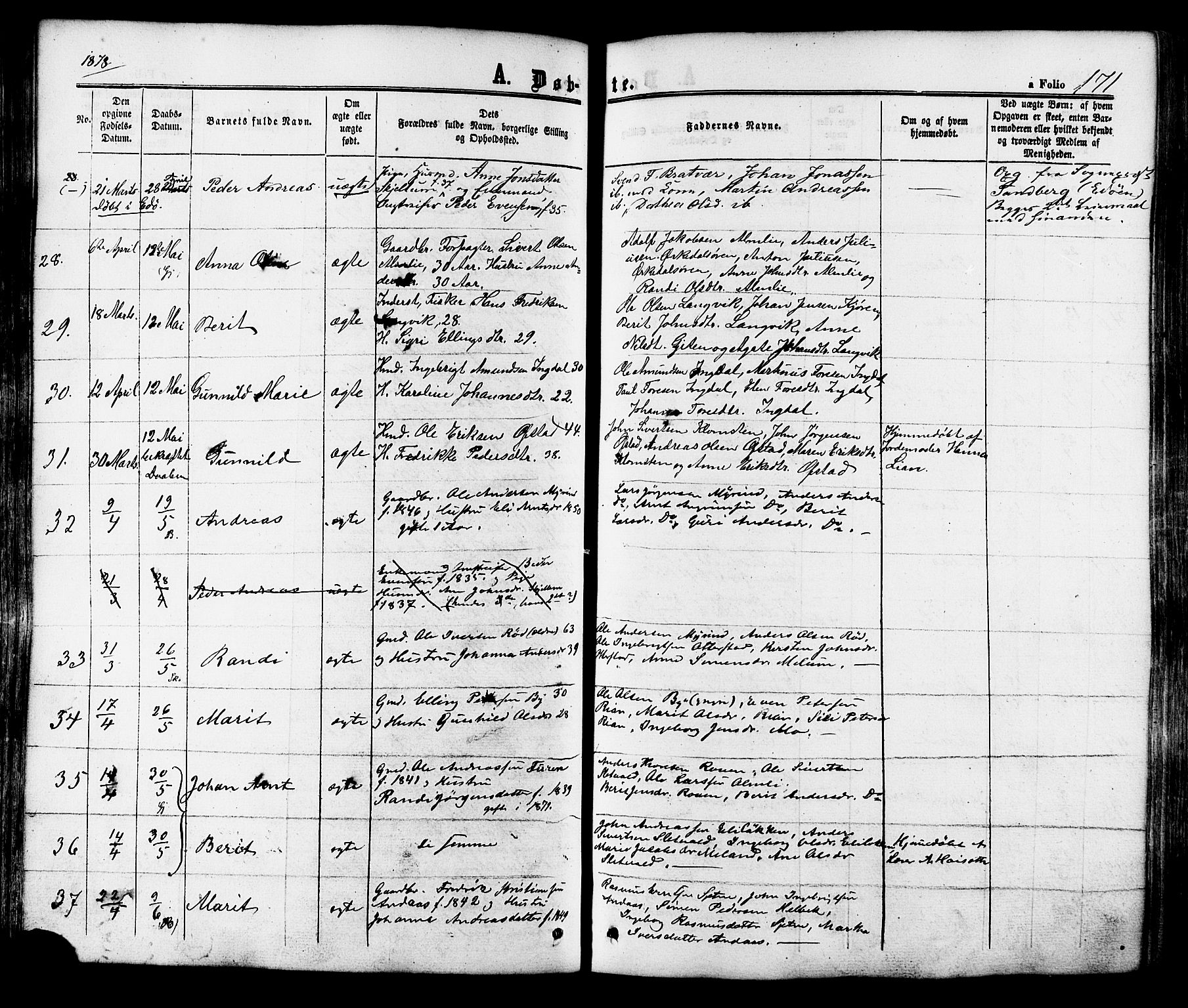 Ministerialprotokoller, klokkerbøker og fødselsregistre - Sør-Trøndelag, SAT/A-1456/665/L0772: Parish register (official) no. 665A07, 1856-1878, p. 171