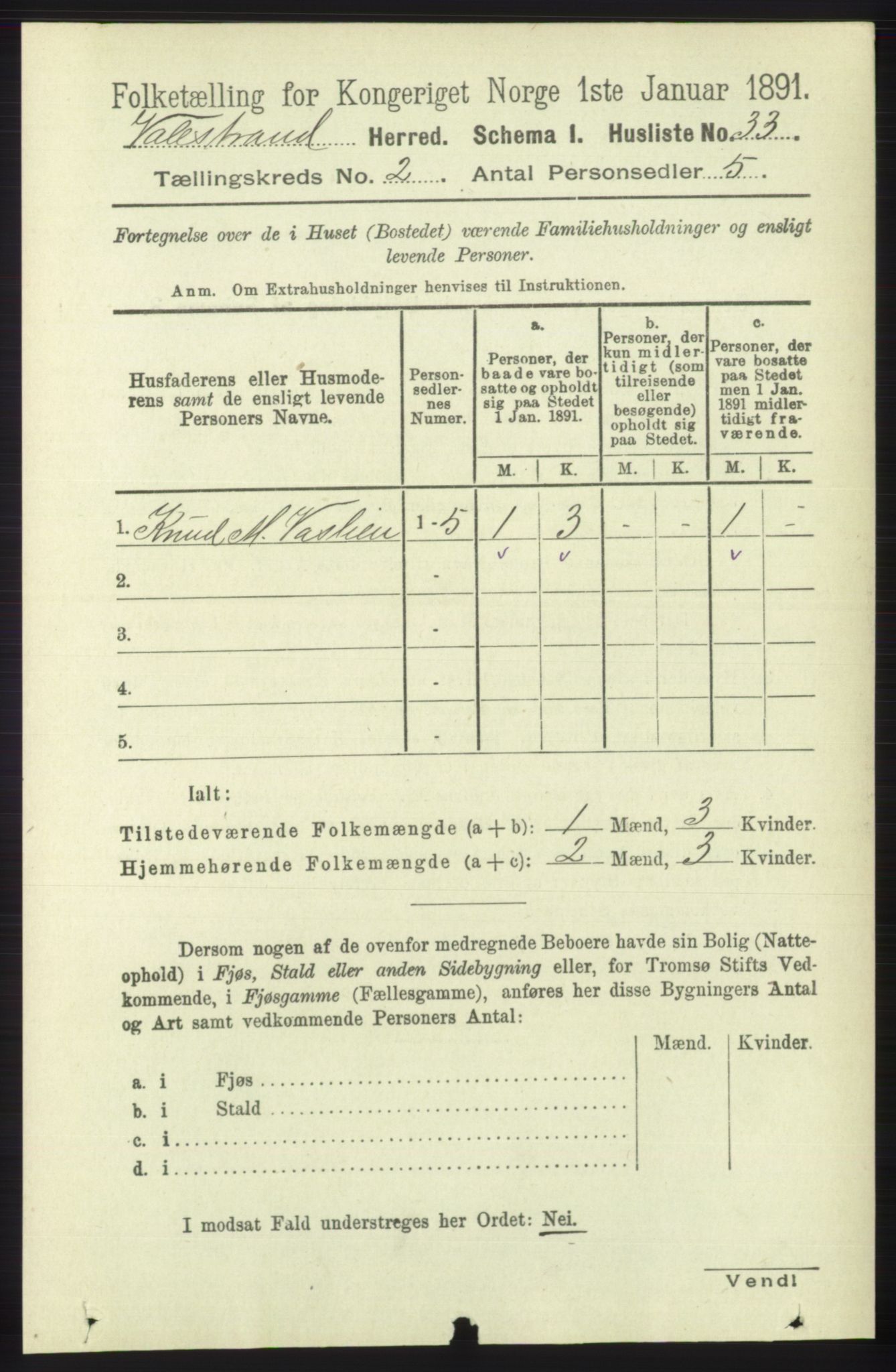 RA, 1891 census for 1217 Valestrand, 1891, p. 292