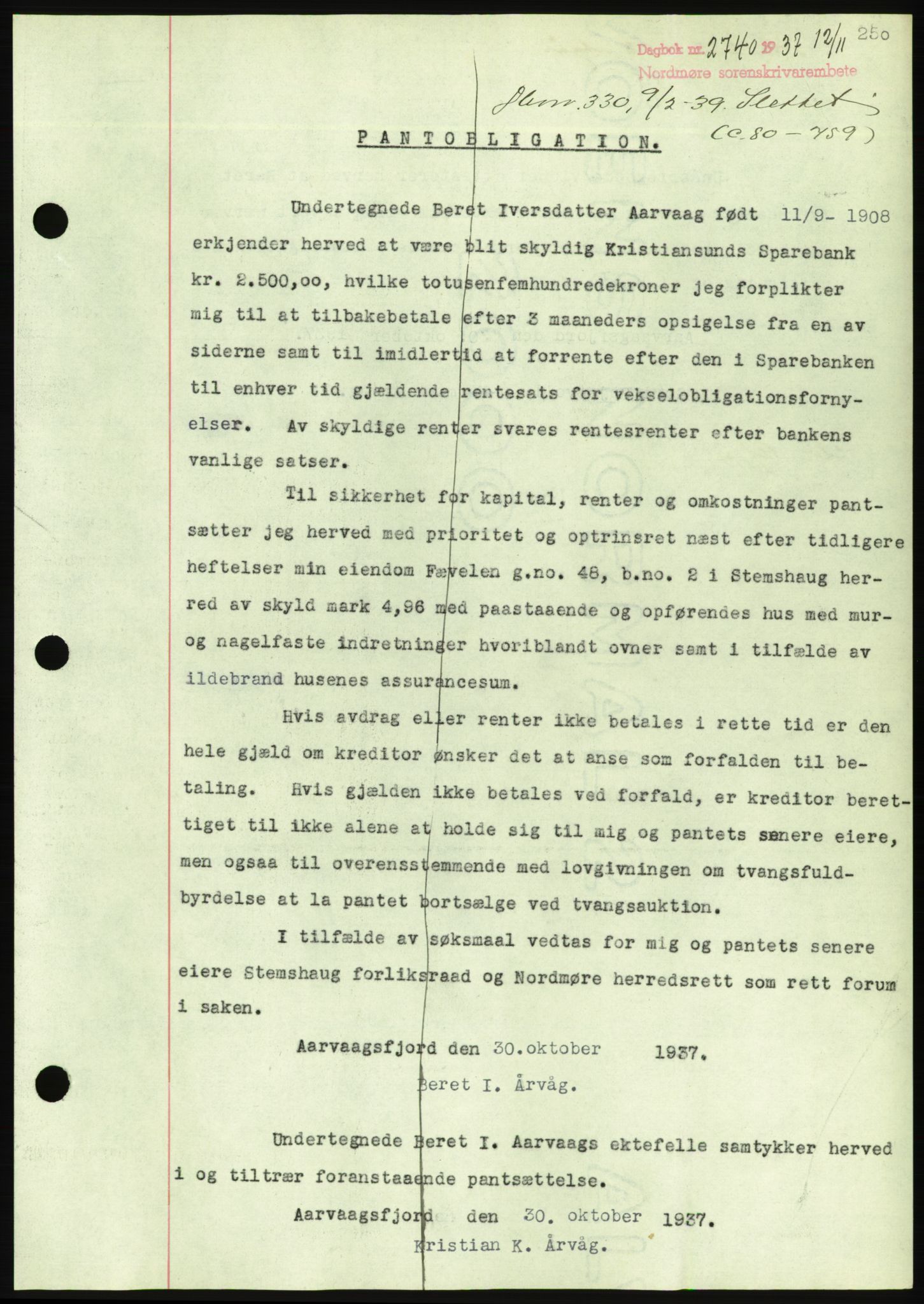 Nordmøre sorenskriveri, AV/SAT-A-4132/1/2/2Ca/L0092: Mortgage book no. B82, 1937-1938, Diary no: : 2740/1937