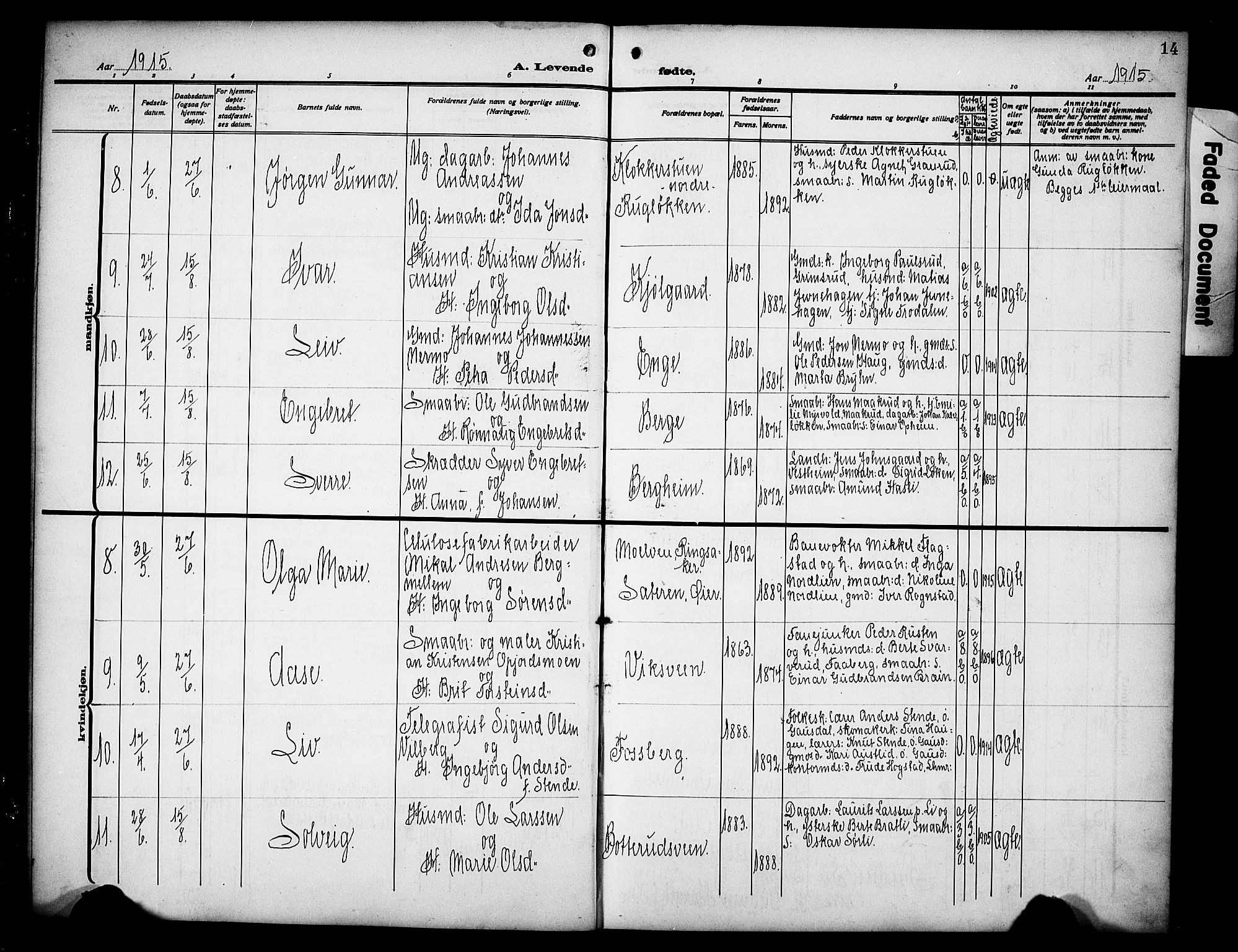 Øyer prestekontor, AV/SAH-PREST-084/H/Ha/Hab/L0007: Parish register (copy) no. 7, 1913-1928, p. 14