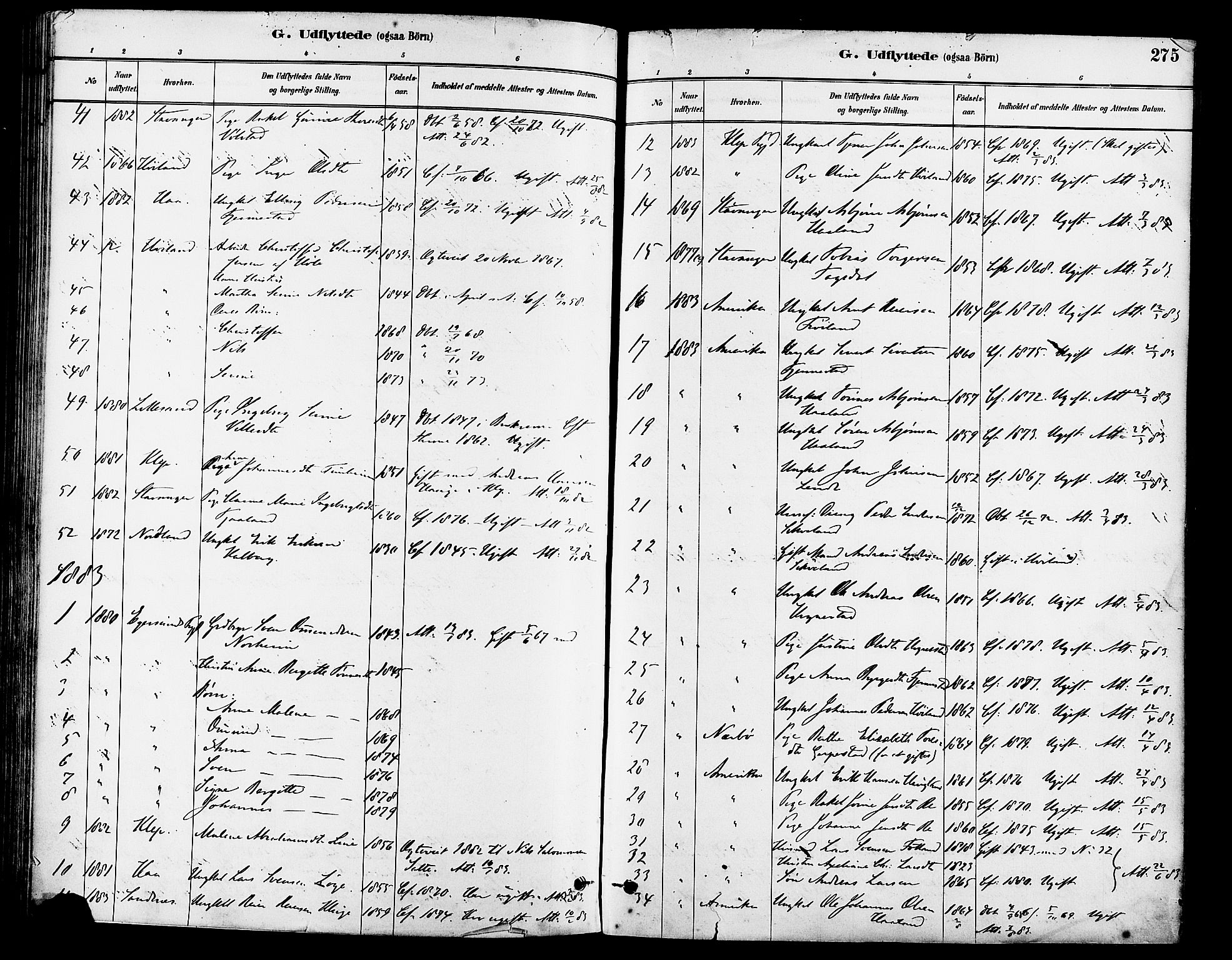 Lye sokneprestkontor, SAST/A-101794/001/30BA/L0009: Parish register (official) no. A 8, 1881-1892, p. 275