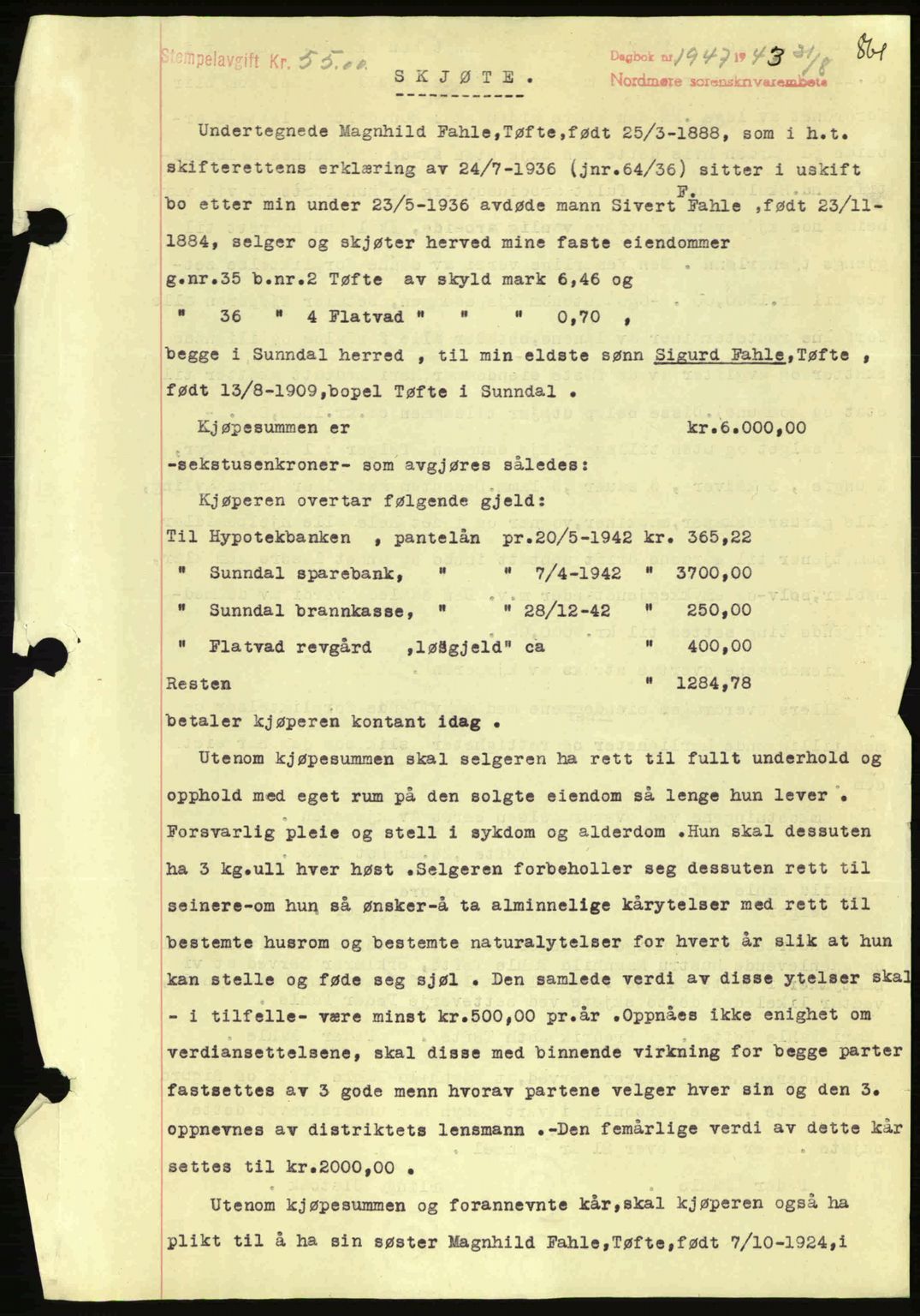 Nordmøre sorenskriveri, AV/SAT-A-4132/1/2/2Ca: Mortgage book no. A95, 1943-1943, Diary no: : 1947/1943