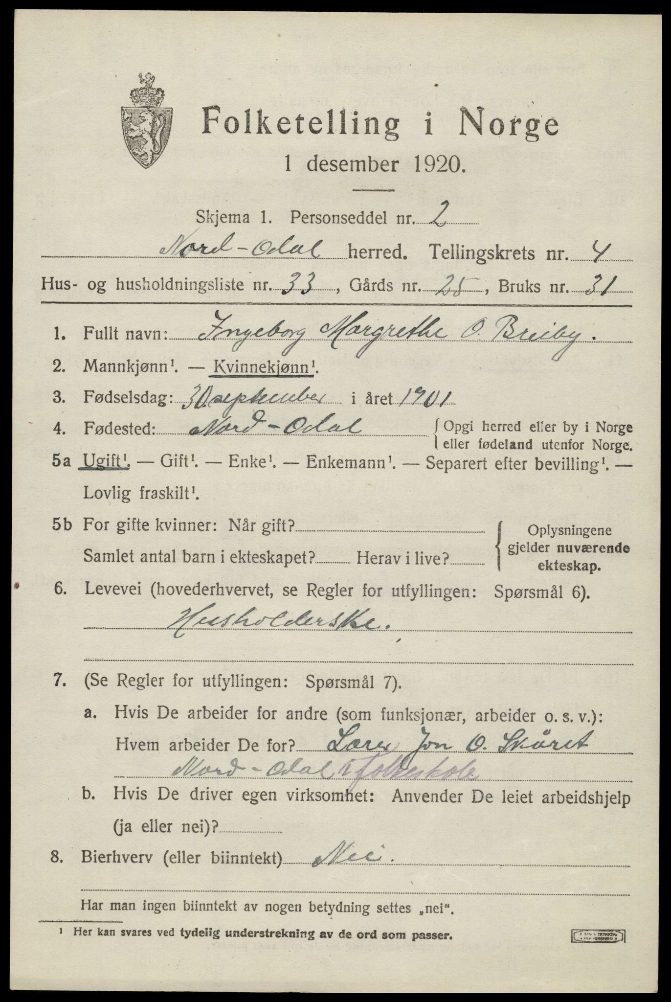 SAH, 1920 census for Nord-Odal, 1920, p. 5031