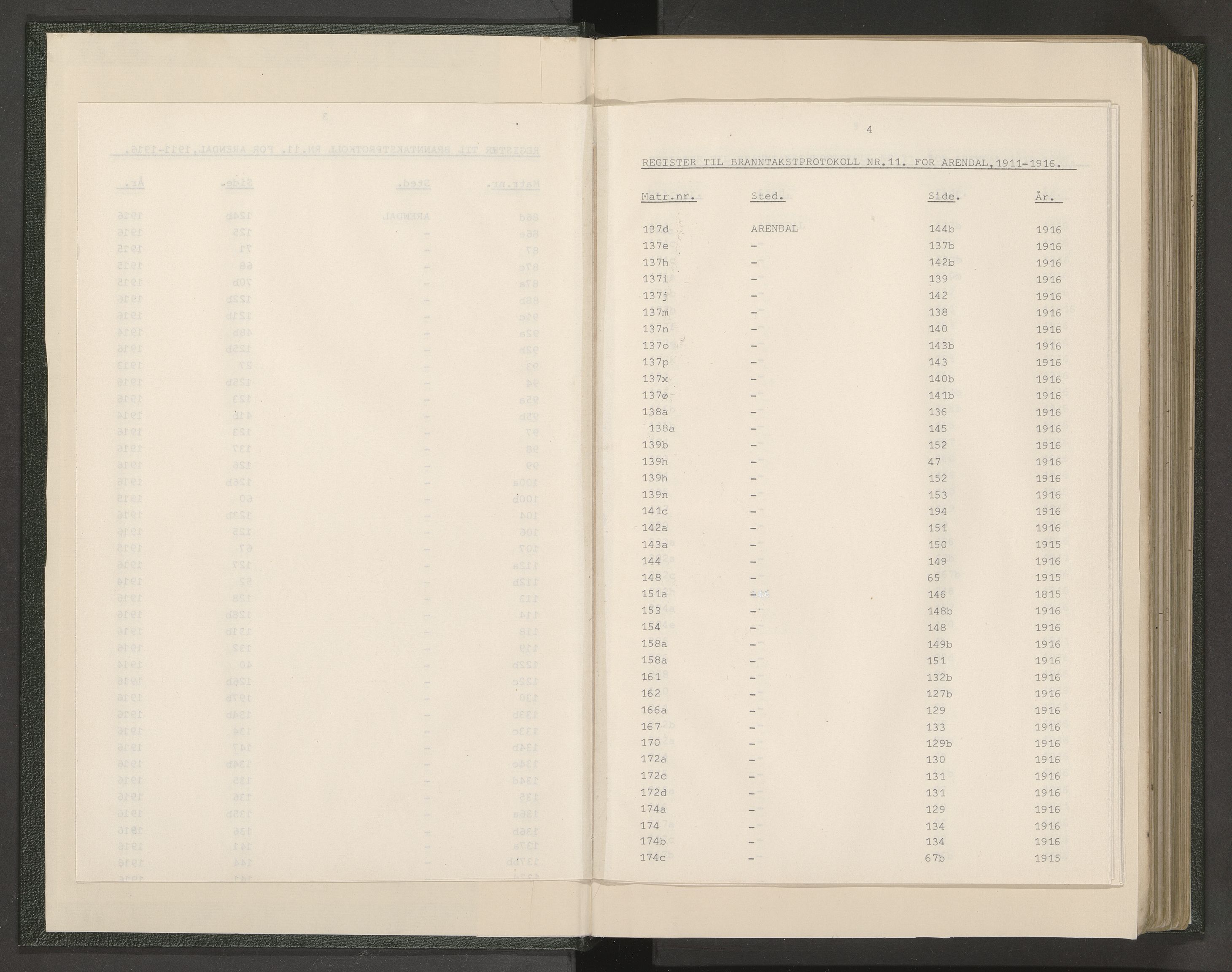Norges Brannkasse Arendal, AV/SAK-2241-0002/F/Fa/L0028: Branntakstprotokoll nr. 26 med matrikkelnummerregister, 1911-1916