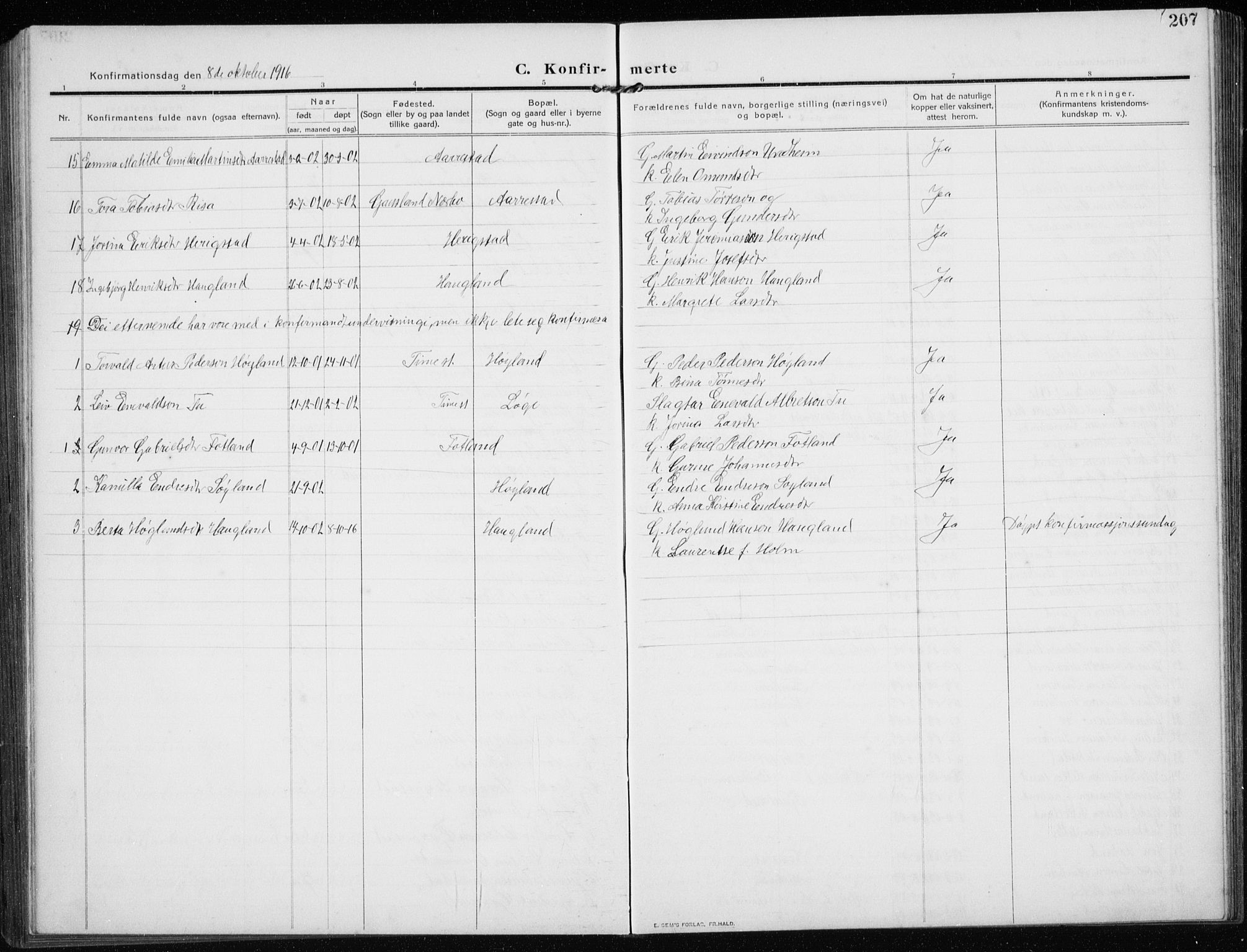 Time sokneprestkontor, AV/SAST-A-101795/001/30BB/L0001: Parish register (copy) no. B 1, 1910-1932, p. 207