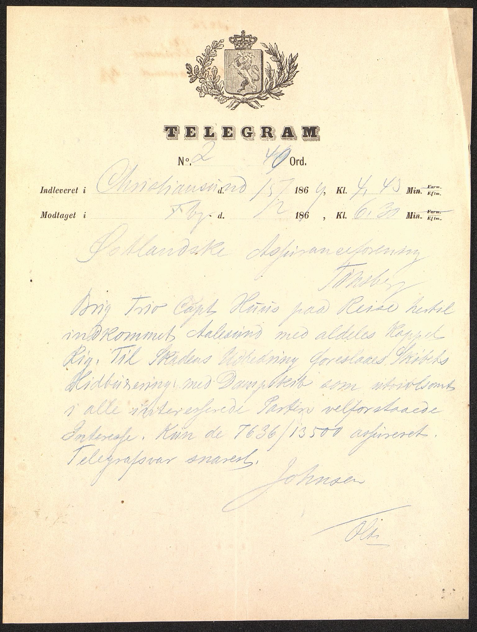 Pa 63 - Østlandske skibsassuranceforening, VEMU/A-1079/G/Ga/L0002/0005: Havaridokumenter / Trio, 1869