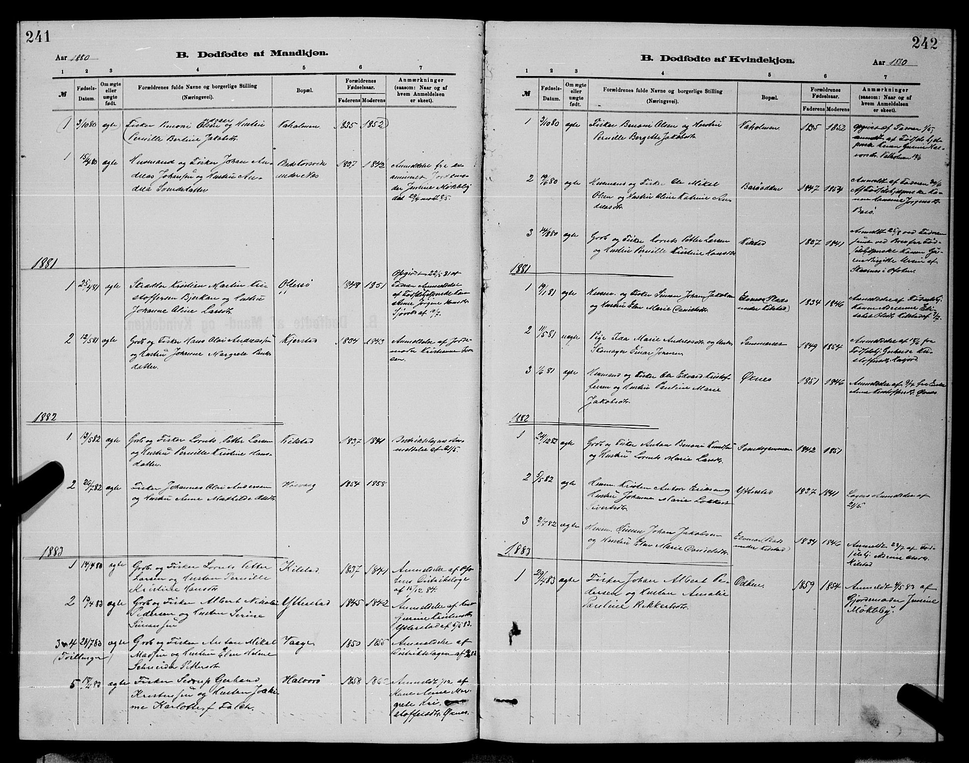 Ministerialprotokoller, klokkerbøker og fødselsregistre - Nordland, SAT/A-1459/872/L1047: Parish register (copy) no. 872C03, 1880-1897, p. 241-242