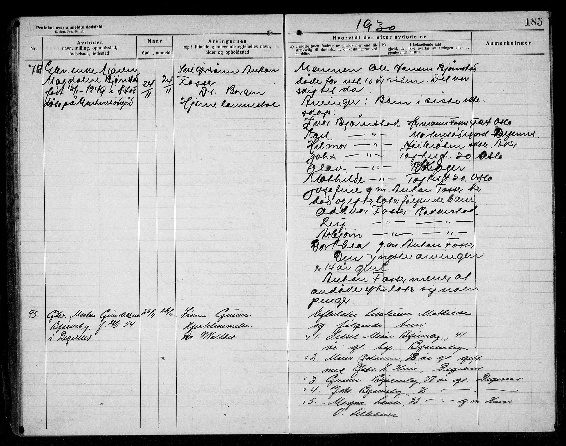 Rakkestad lensmannskontor, AV/SAO-A-10004/H/Ha/Haa/L0004: Dødsanmeldelsesprotokoll, 1920-1931, p. 185