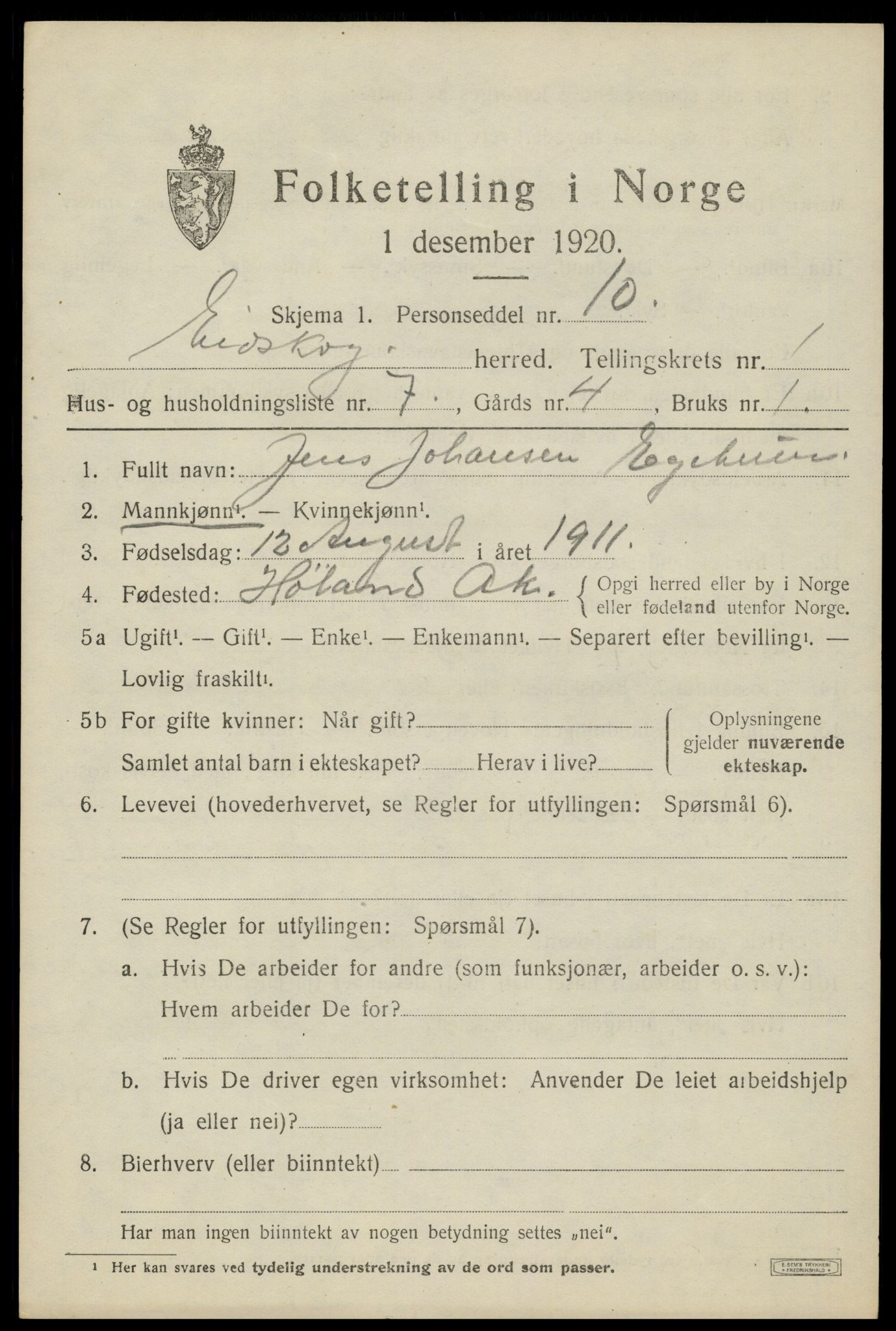 SAH, 1920 census for Eidskog, 1920, p. 2491
