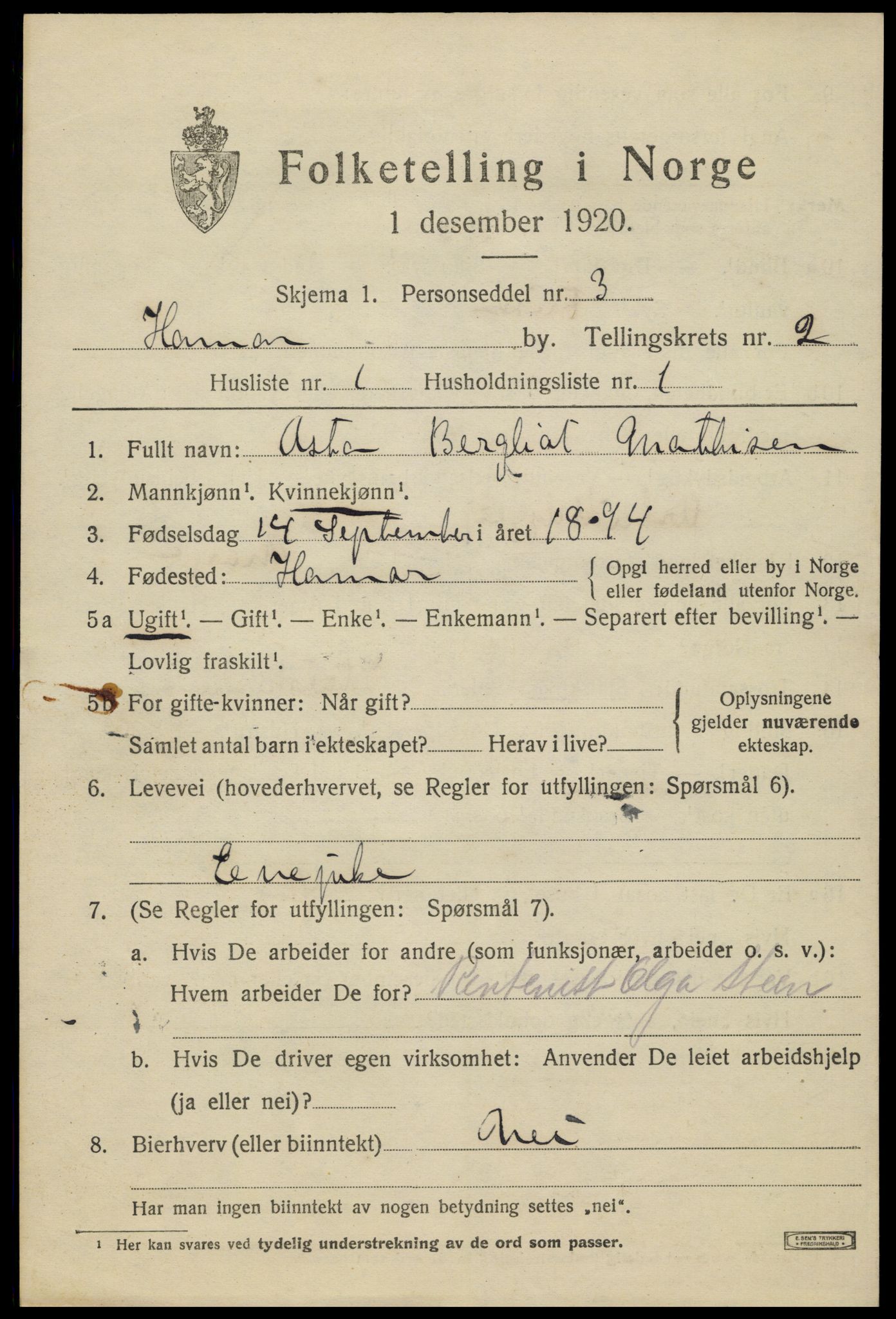 SAH, 1920 census for Hamar, 1920, p. 5761