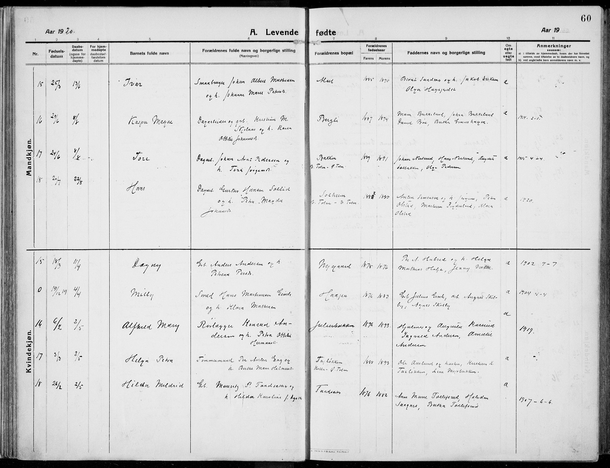 Kolbu prestekontor, SAH/PREST-110/H/Ha/Haa/L0002: Parish register (official) no. 2, 1912-1926, p. 60