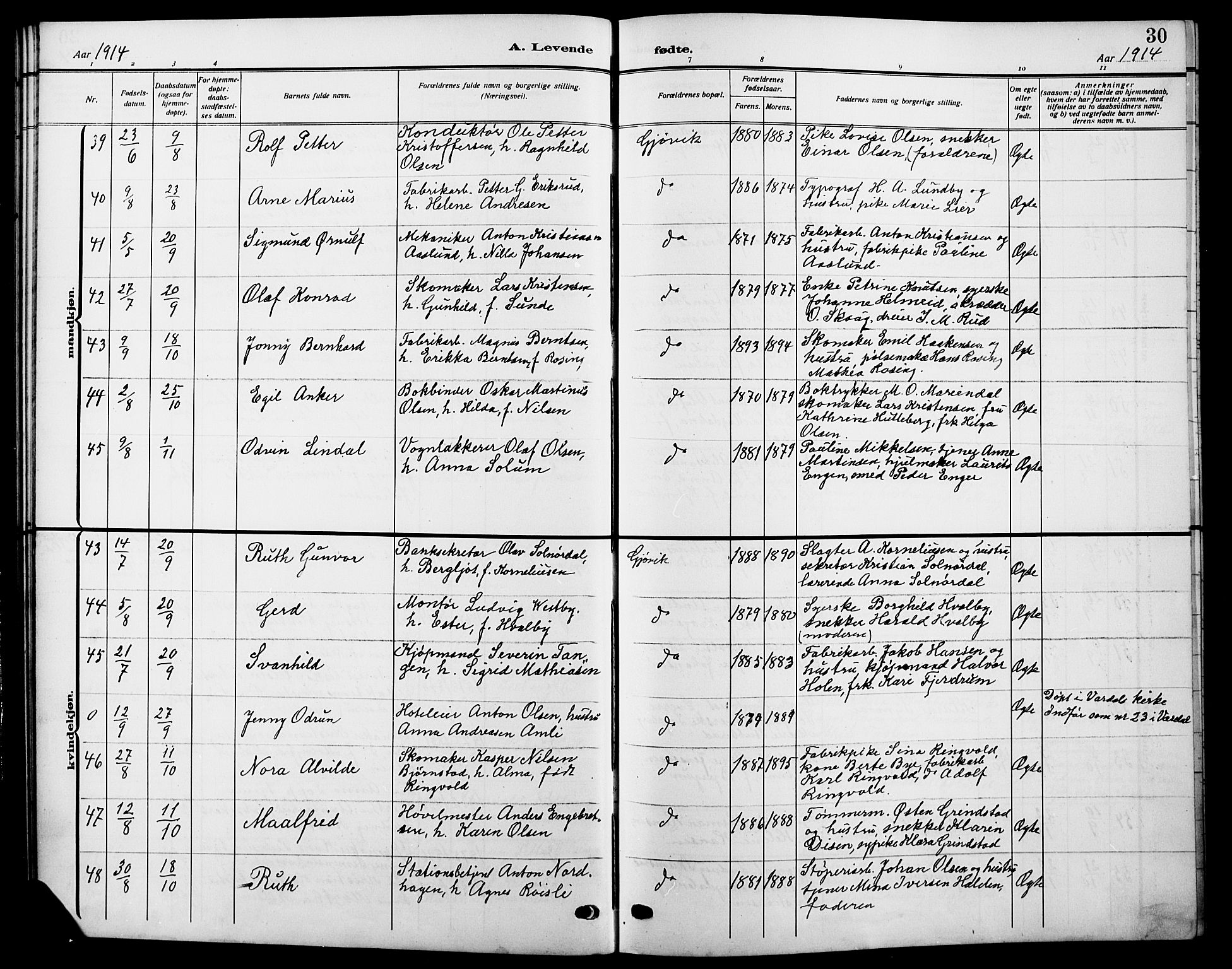 Vardal prestekontor, AV/SAH-PREST-100/H/Ha/Hab/L0014: Parish register (copy) no. 14, 1911-1922, p. 30