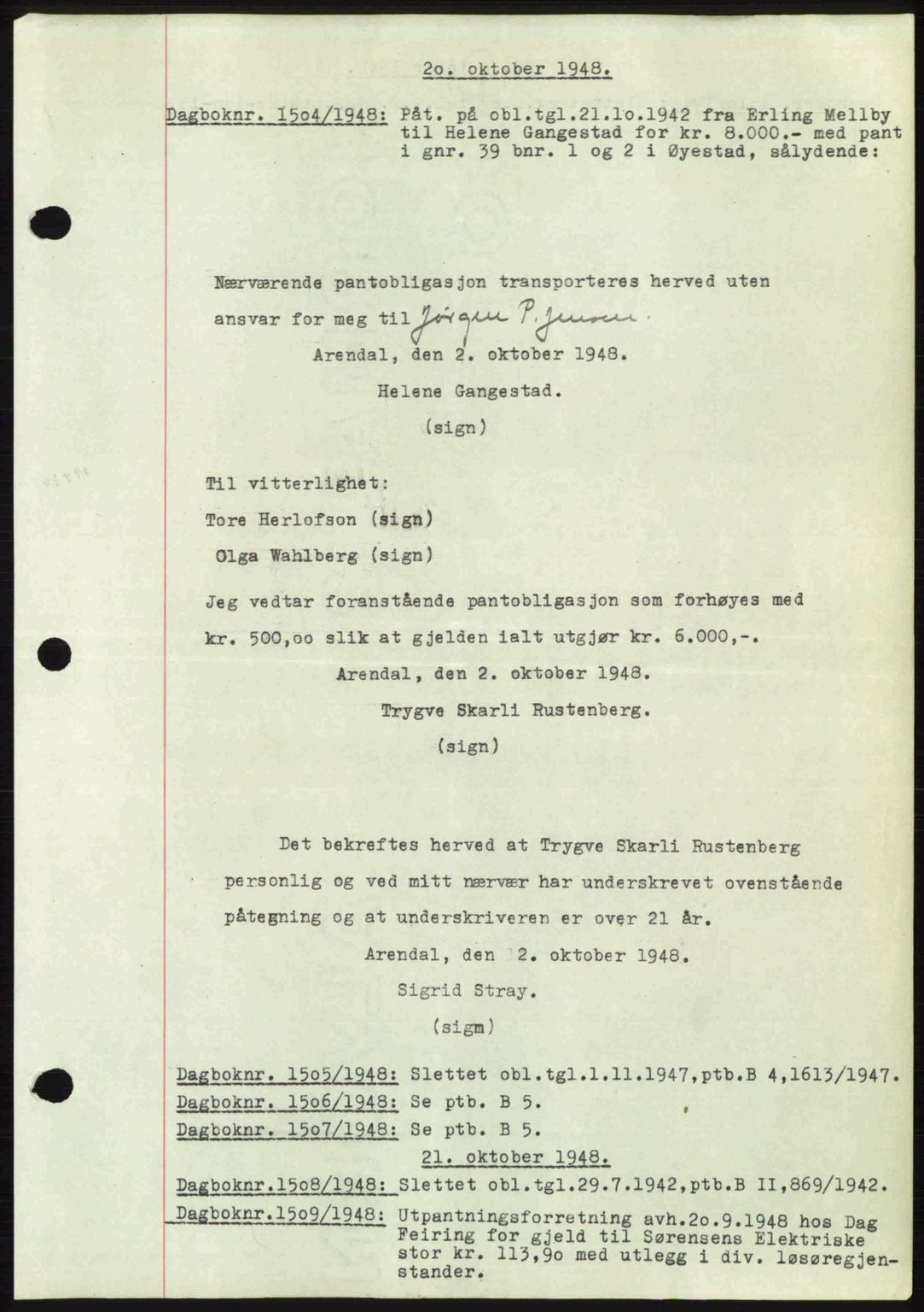 Nedenes sorenskriveri, SAK/1221-0006/G/Gb/Gba/L0059: Mortgage book no. A11, 1948-1948, Diary no: : 1504/1948