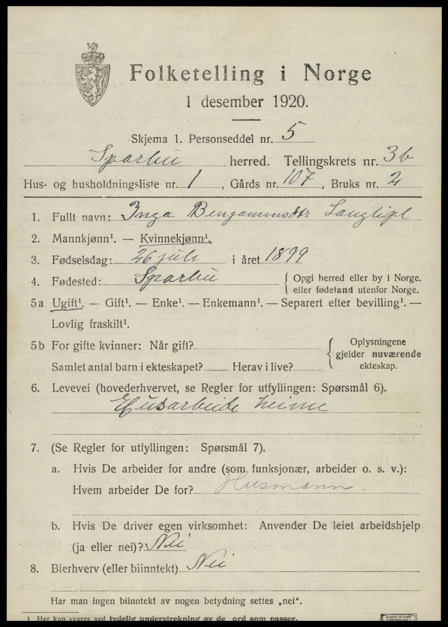 SAT, 1920 census for Sparbu, 1920, p. 4845