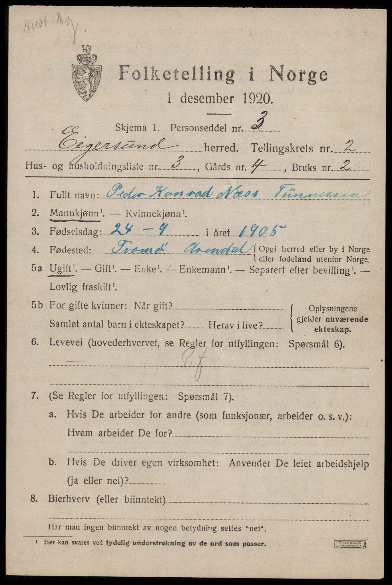SAST, 1920 census for Eigersund, 1920, p. 1639