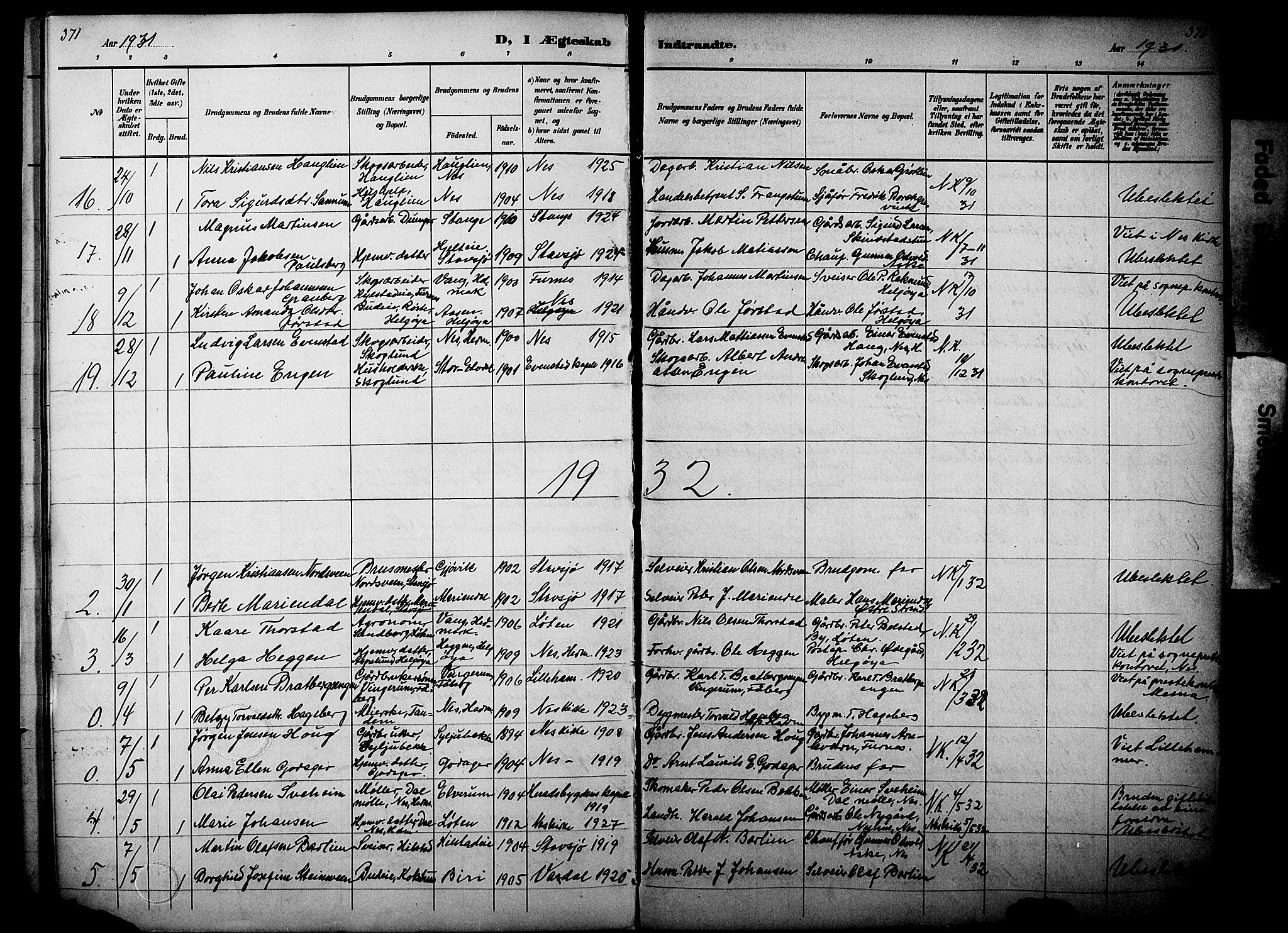 Nes prestekontor, Hedmark, SAH/PREST-020/L/La/L0006: Parish register (copy) no. 6, 1890-1932, p. 371-372