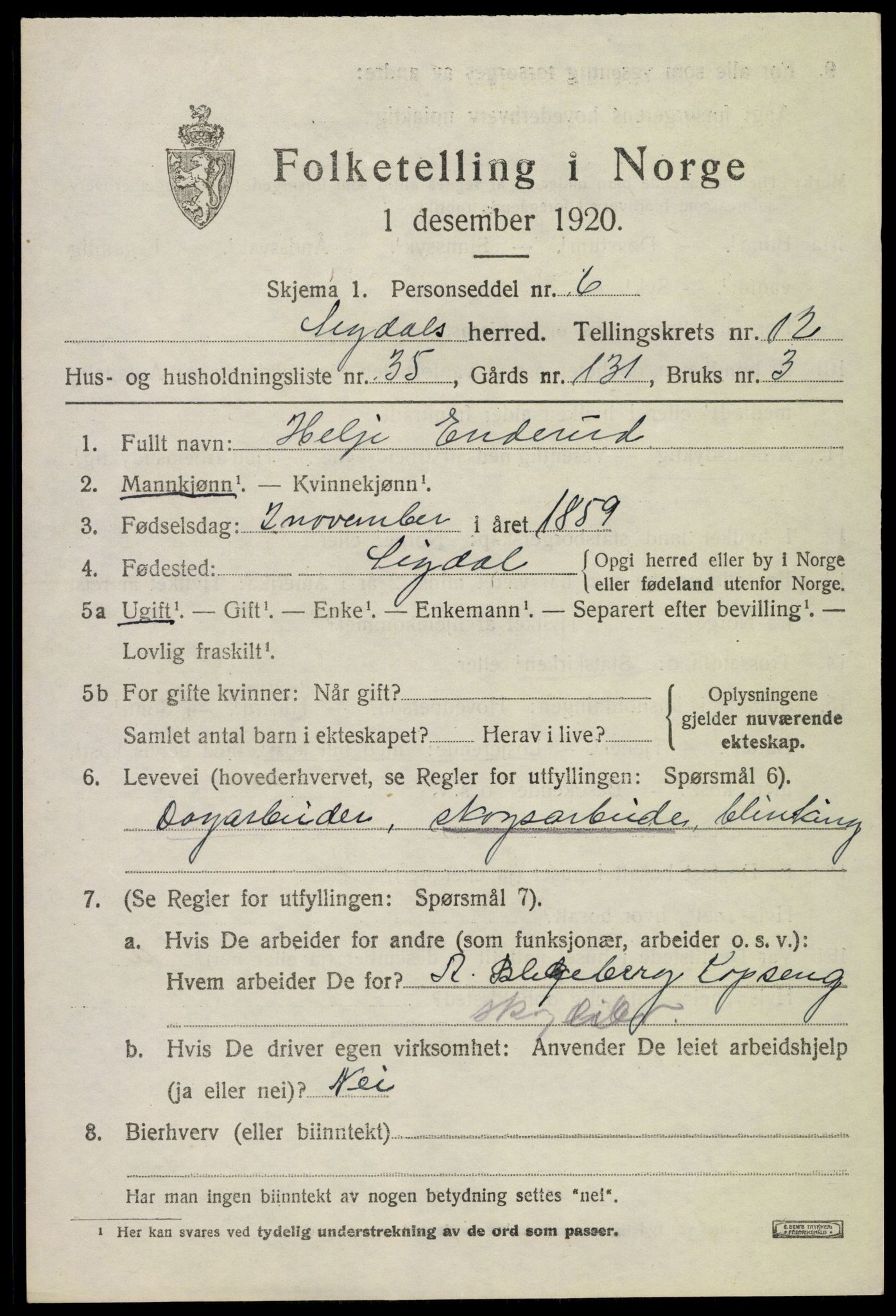 SAKO, 1920 census for Sigdal, 1920, p. 8062