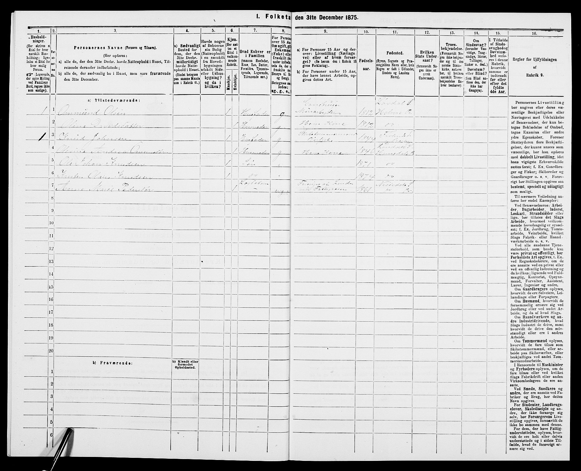 SAK, 1875 census for 0924P Homedal, 1875, p. 638