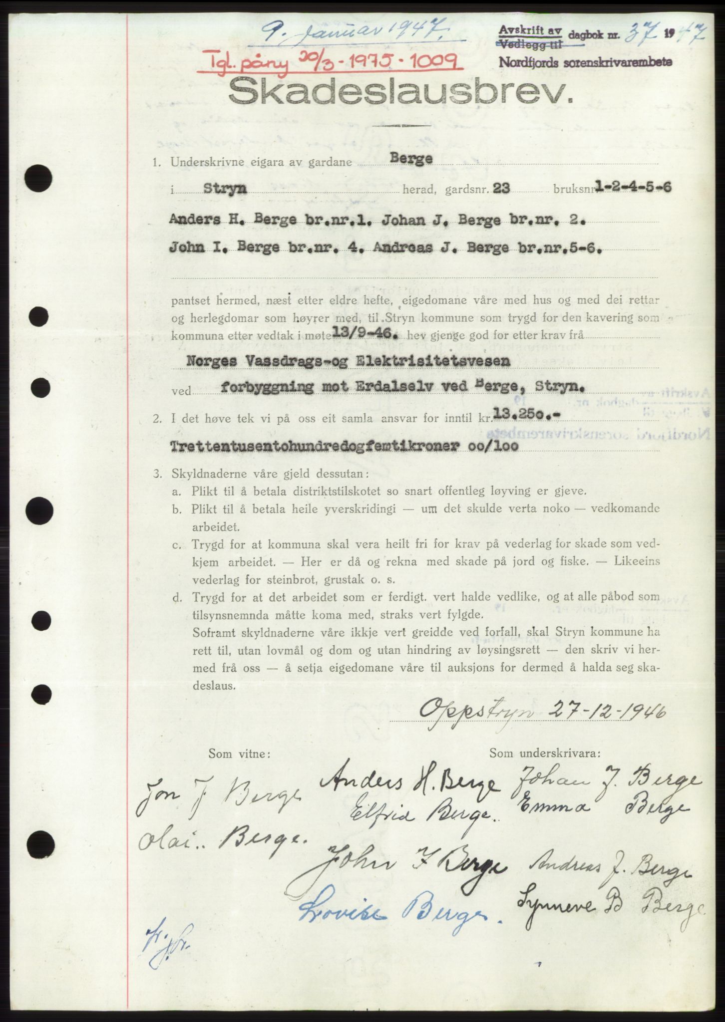 Nordfjord sorenskriveri, SAB/A-2801/02/02b/02bk/L0005: Mortgage book no. B7-8, 1946-1947, Diary no: : 37/1947