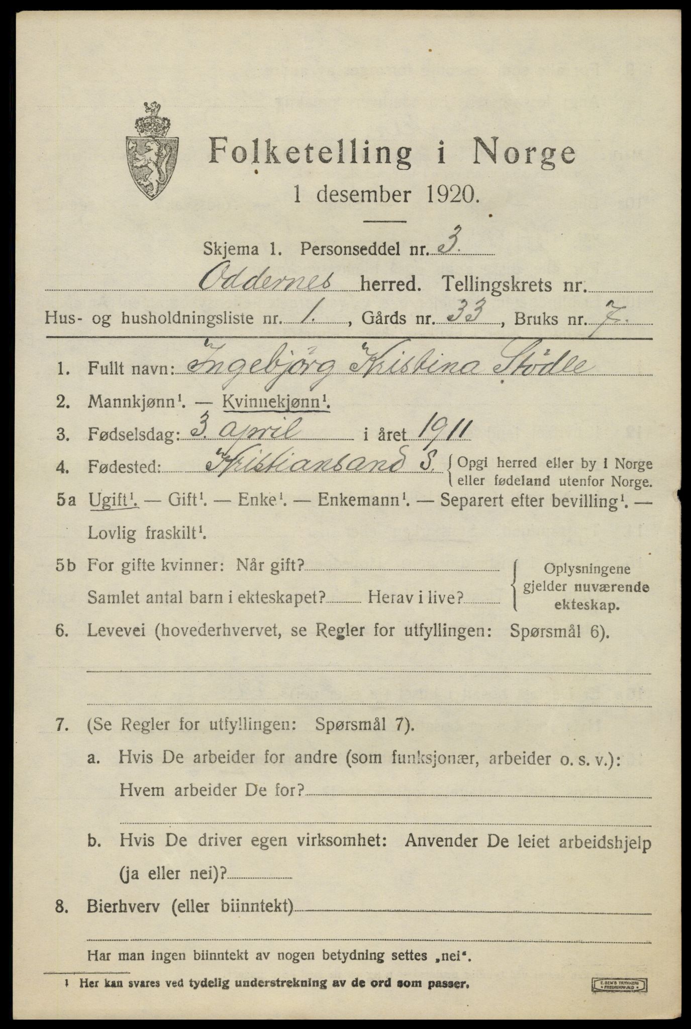 SAK, 1920 census for Oddernes, 1920, p. 8405