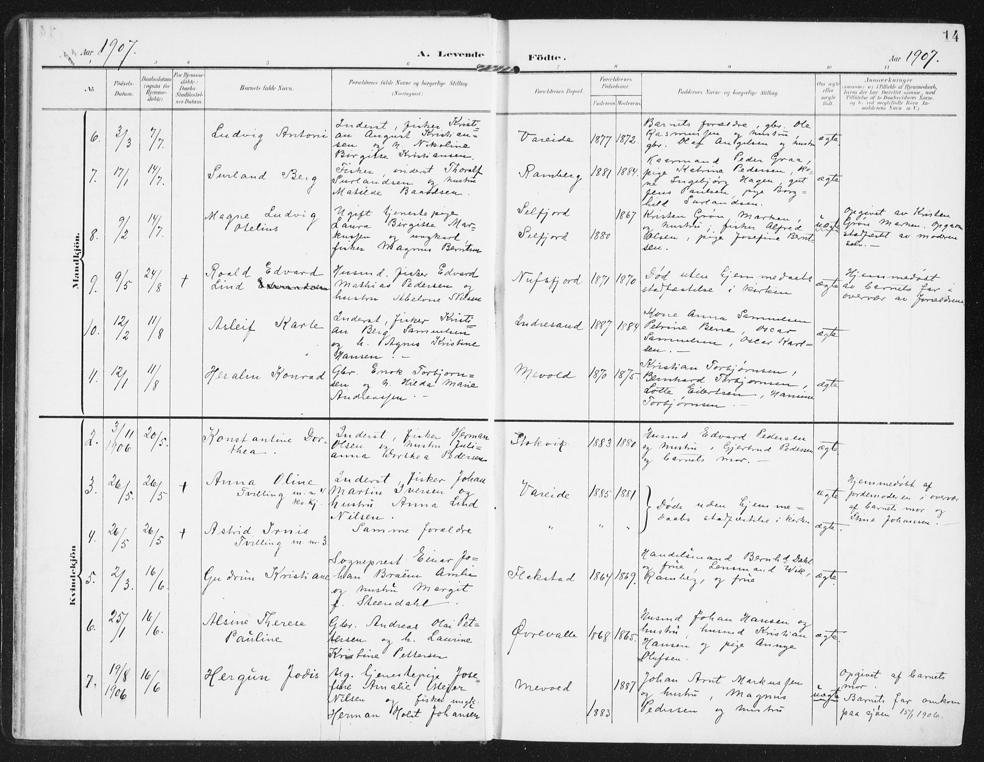 Ministerialprotokoller, klokkerbøker og fødselsregistre - Nordland, SAT/A-1459/885/L1206: Parish register (official) no. 885A07, 1905-1915, p. 14