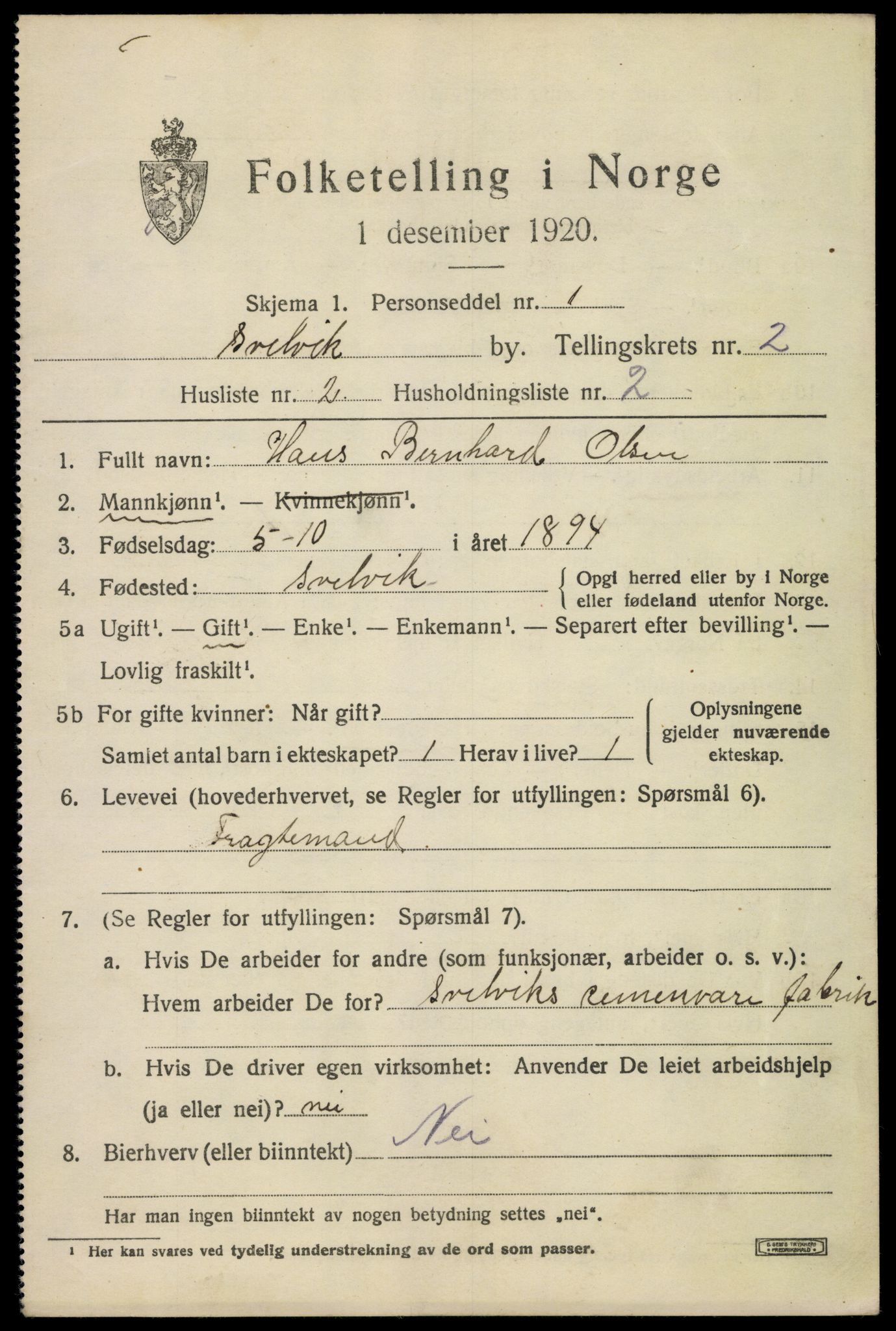 SAKO, 1920 census for Svelvik, 1920, p. 2499