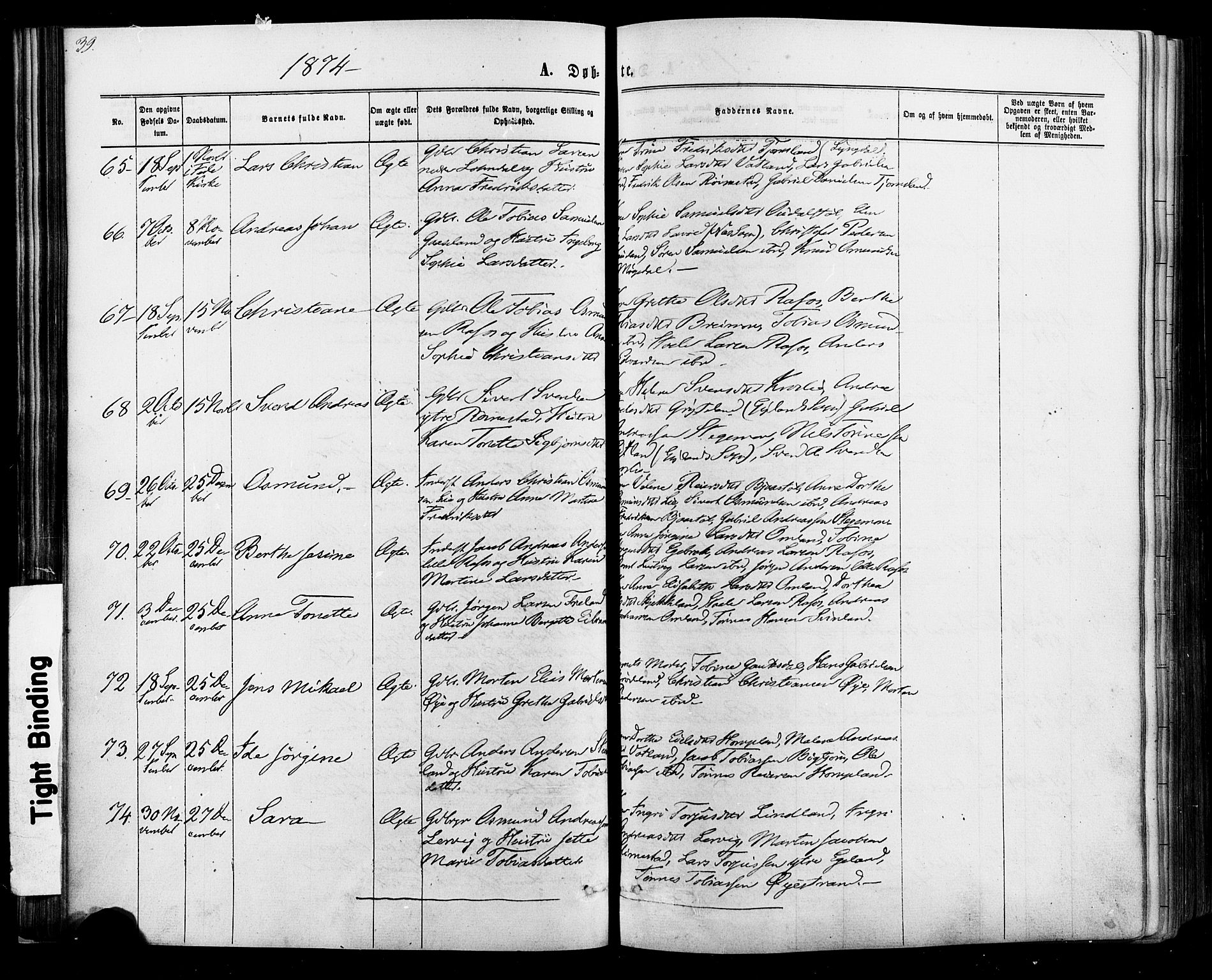 Kvinesdal sokneprestkontor, SAK/1111-0026/F/Fa/Fab/L0007: Parish register (official) no. A 7, 1870-1885, p. 39