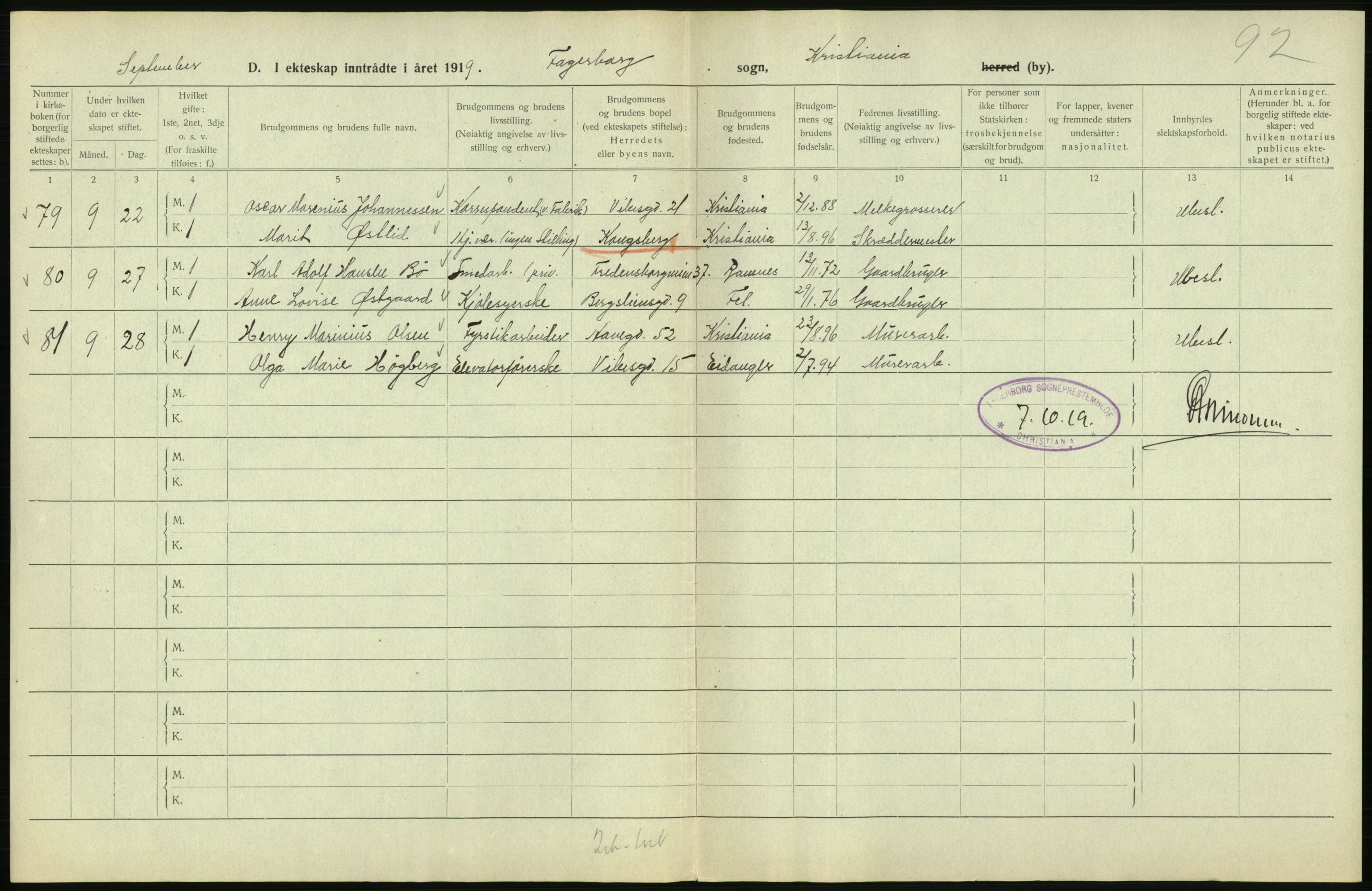 Statistisk sentralbyrå, Sosiodemografiske emner, Befolkning, AV/RA-S-2228/D/Df/Dfb/Dfbi/L0009: Kristiania: Gifte, 1919, p. 266